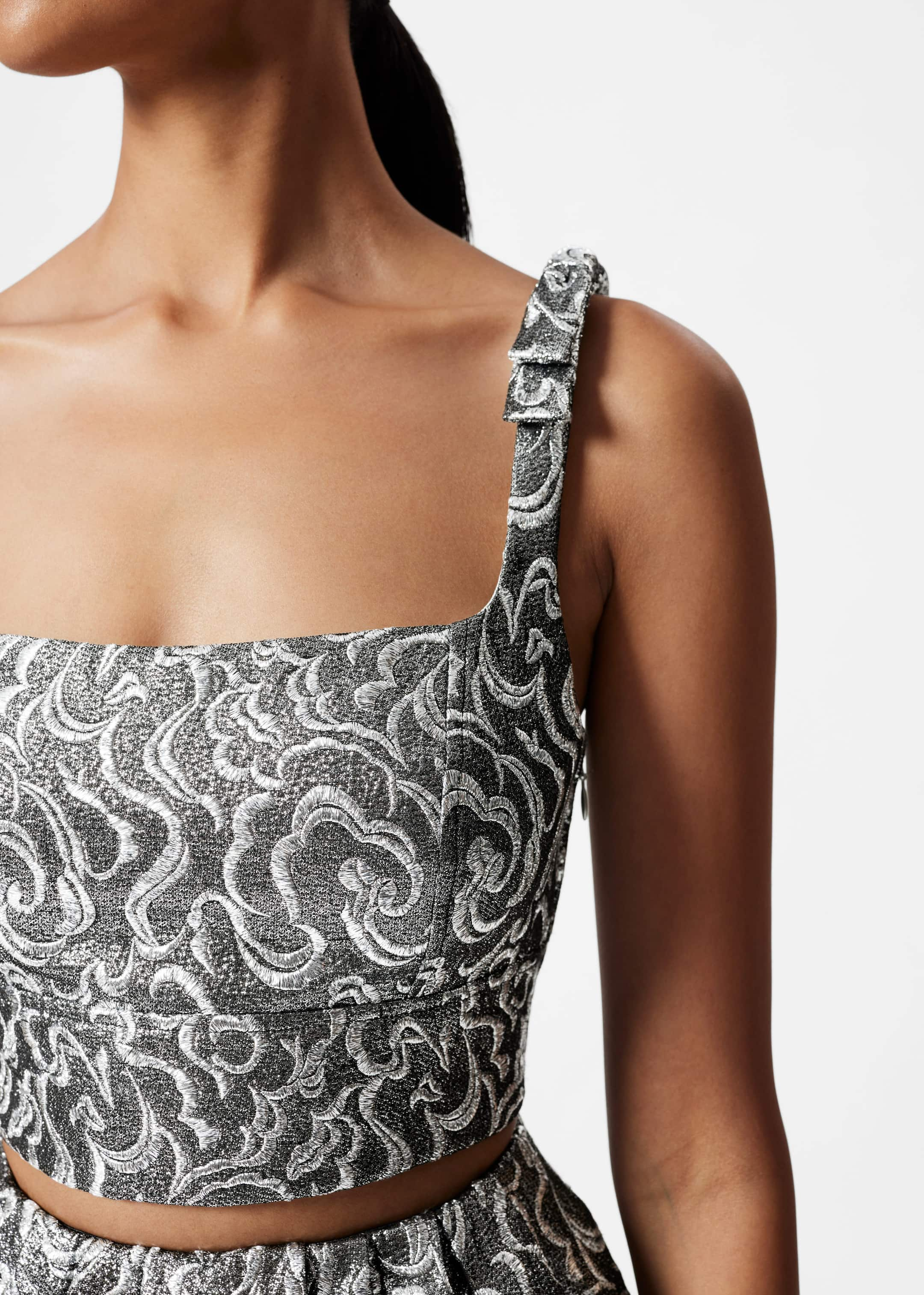 Metallic Jacquard Crop Top - Silver - Lookbook