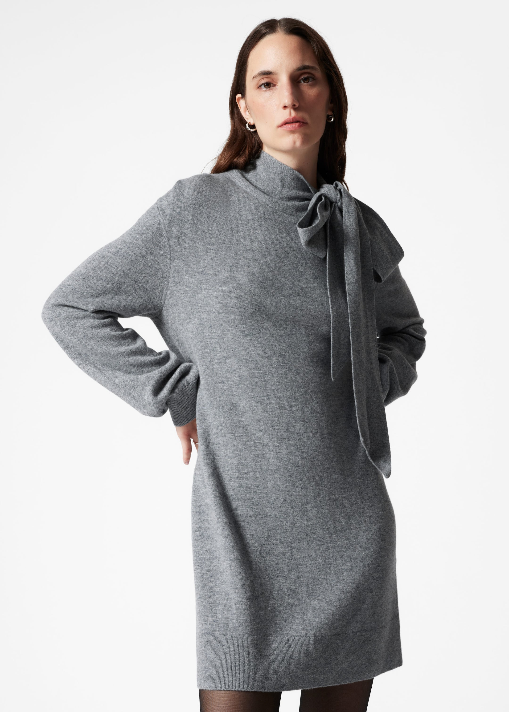 Bow-Detailed Merino Mini Dress - Grey - Lookbook