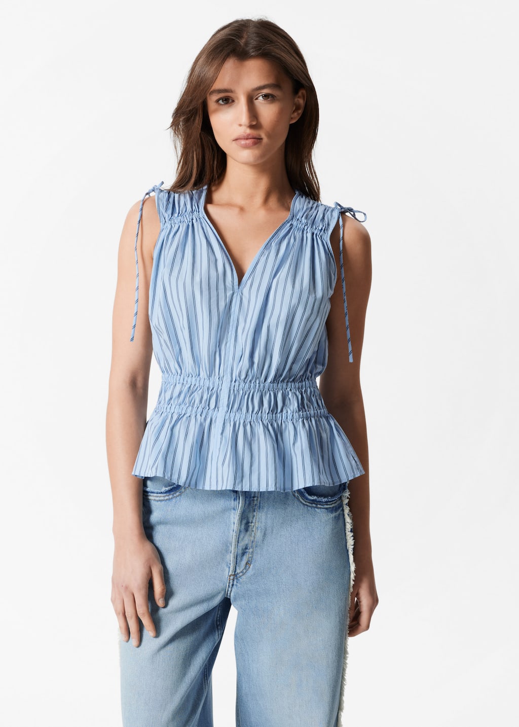 売れ筋商品|||ラッキーブランド カットソー トップス レディース Women's Cotton Sleeveless Tunic Shirt Blue Stripe Lucky Brand Women's Cinch Waist Shirt Dress, Blue Stripe at