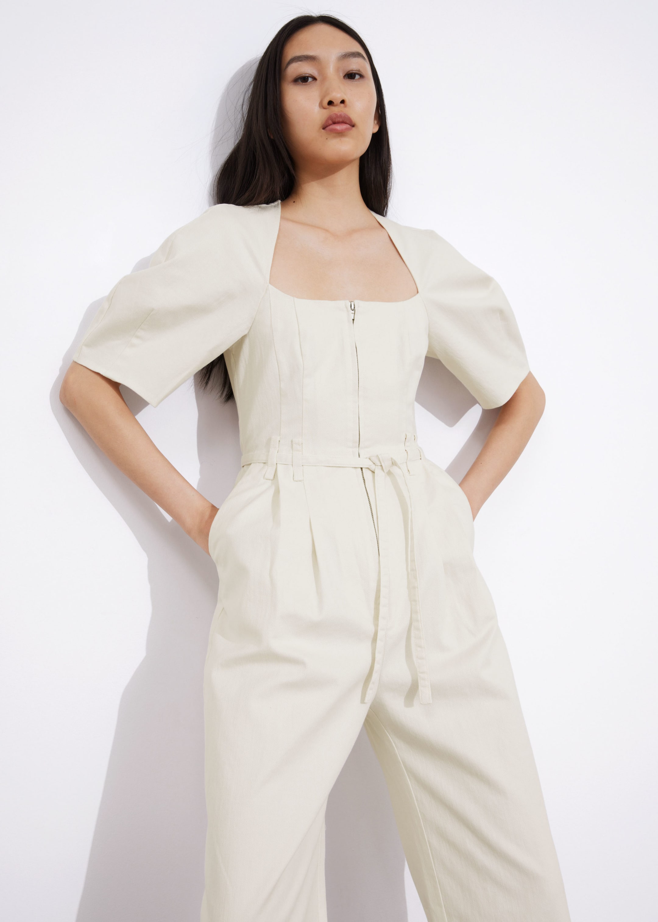 Belted Zip-Front Jumpsuit - White - Lookbook