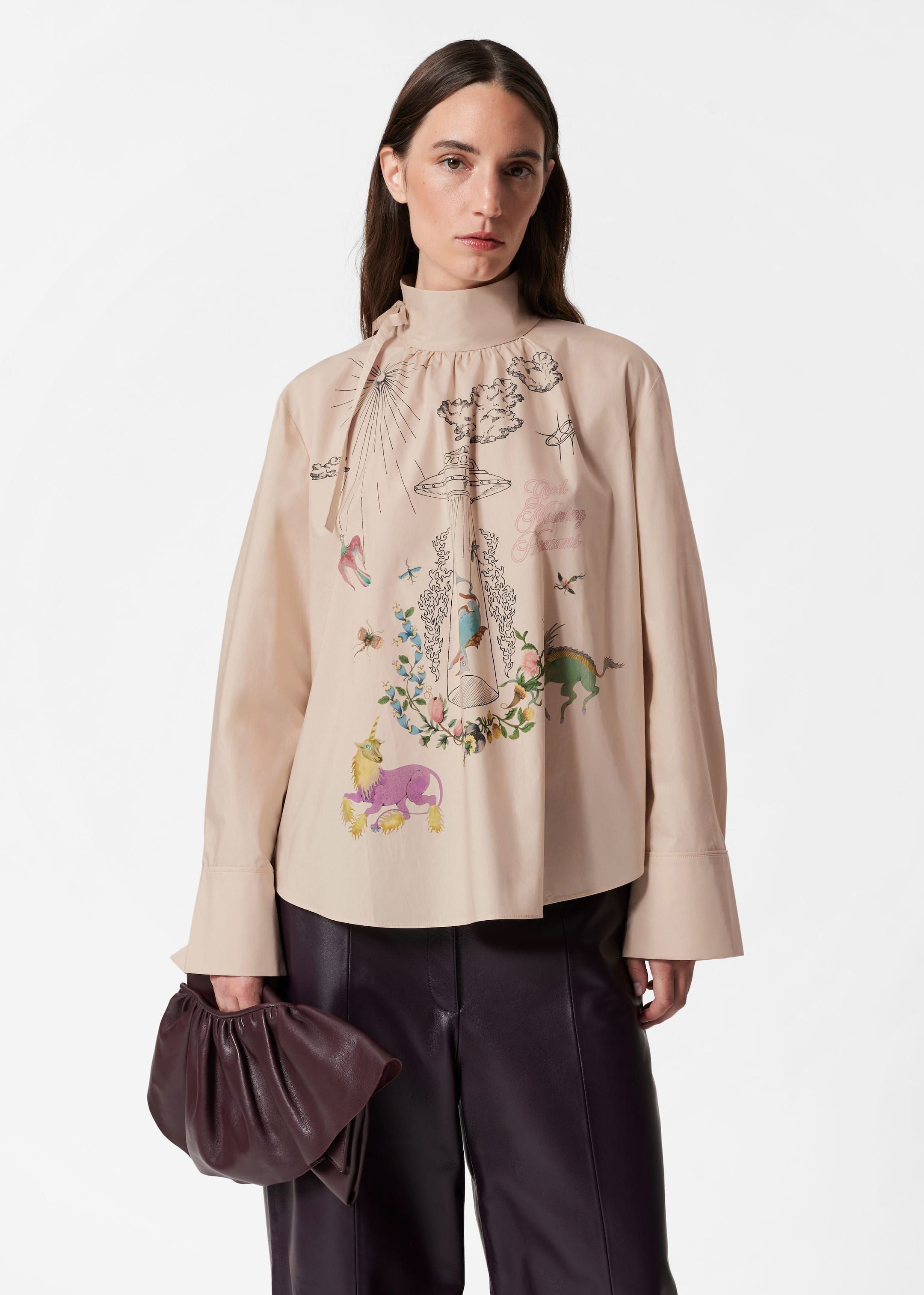 Blouse imprimée à nœud - Beige - Lookbook