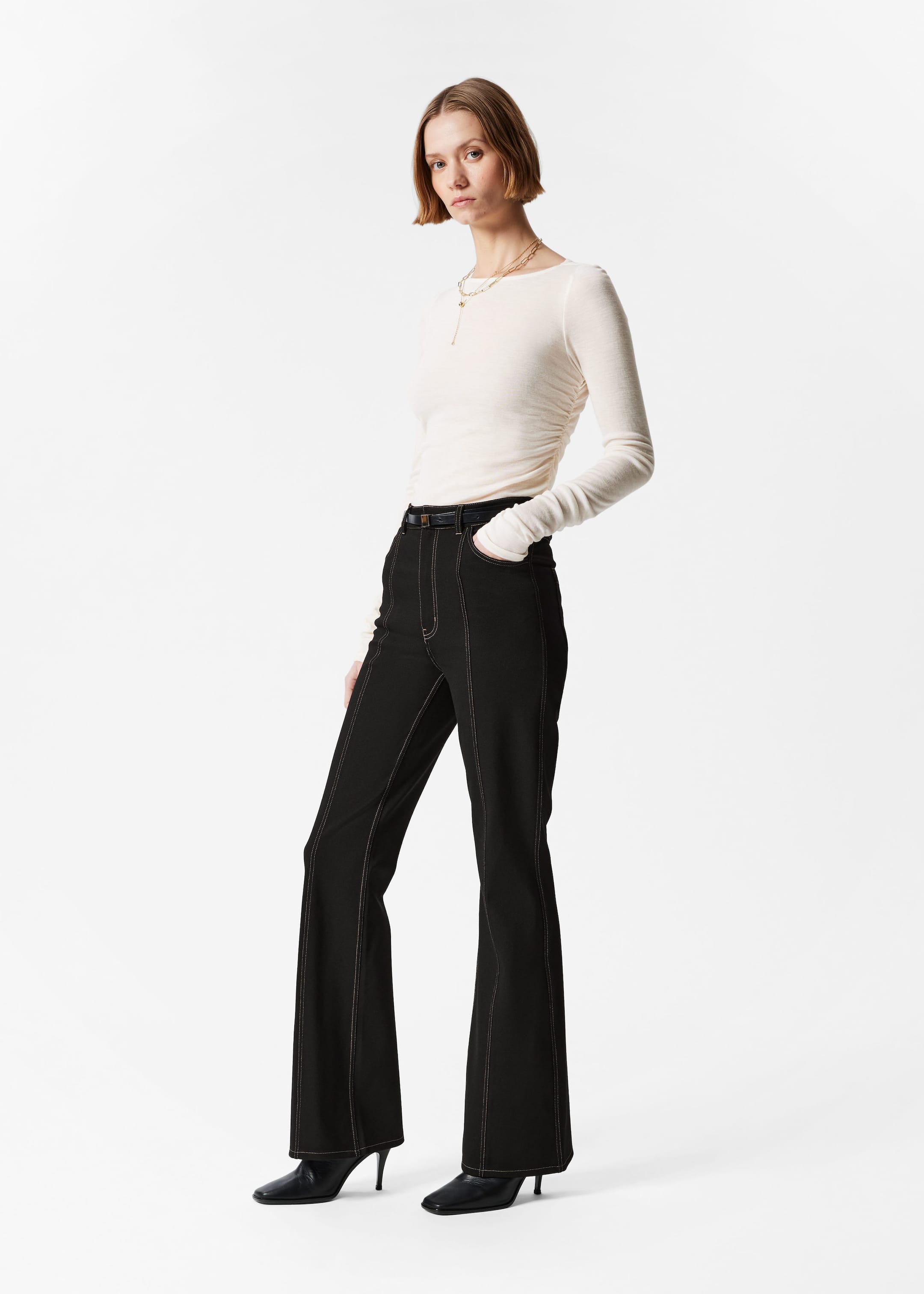 Flared Topstitched Trousers - Black - Lookbook