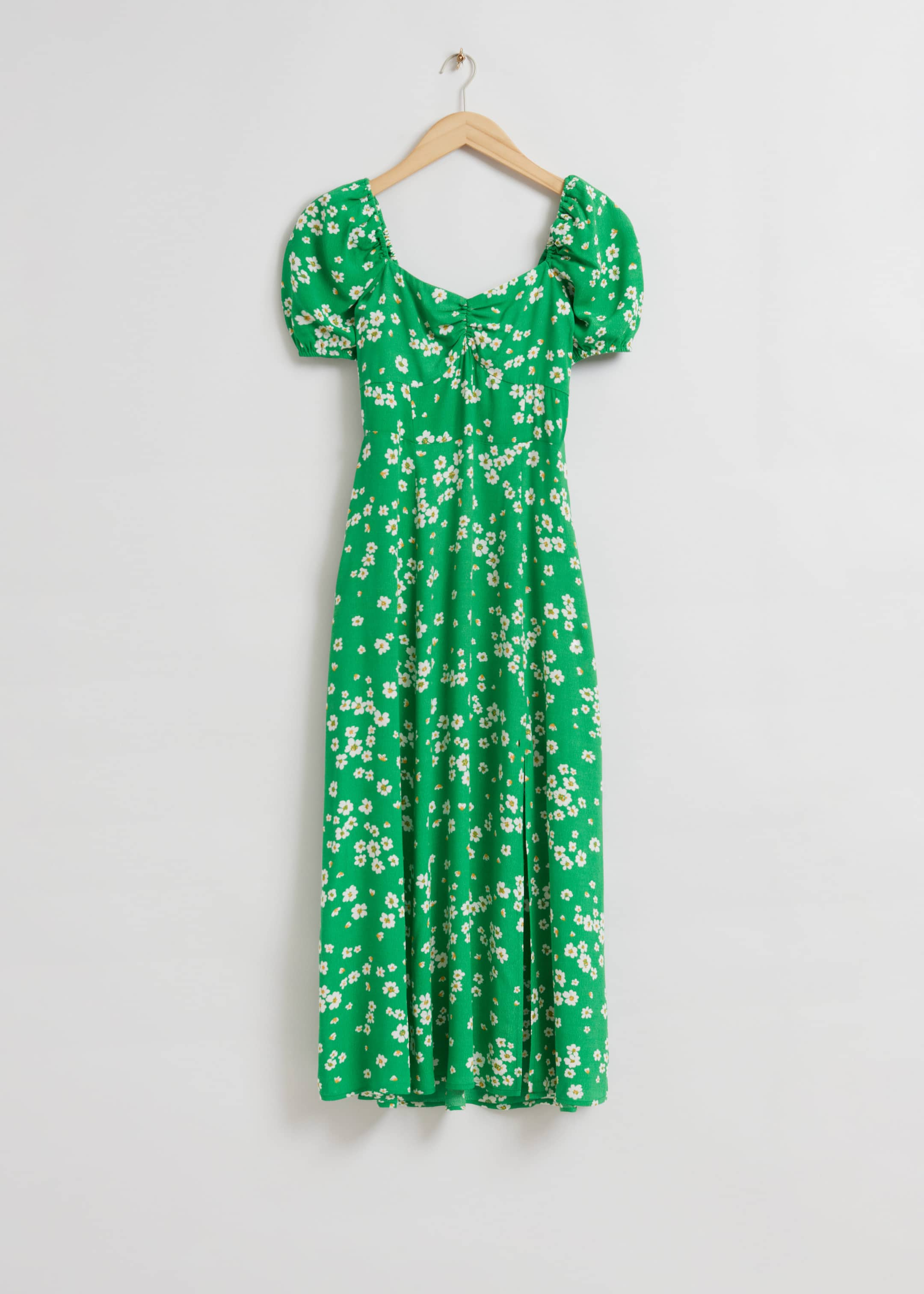 Flowy Puff Sleeve Midi Dress - Bright Green Floral Print - Still Life