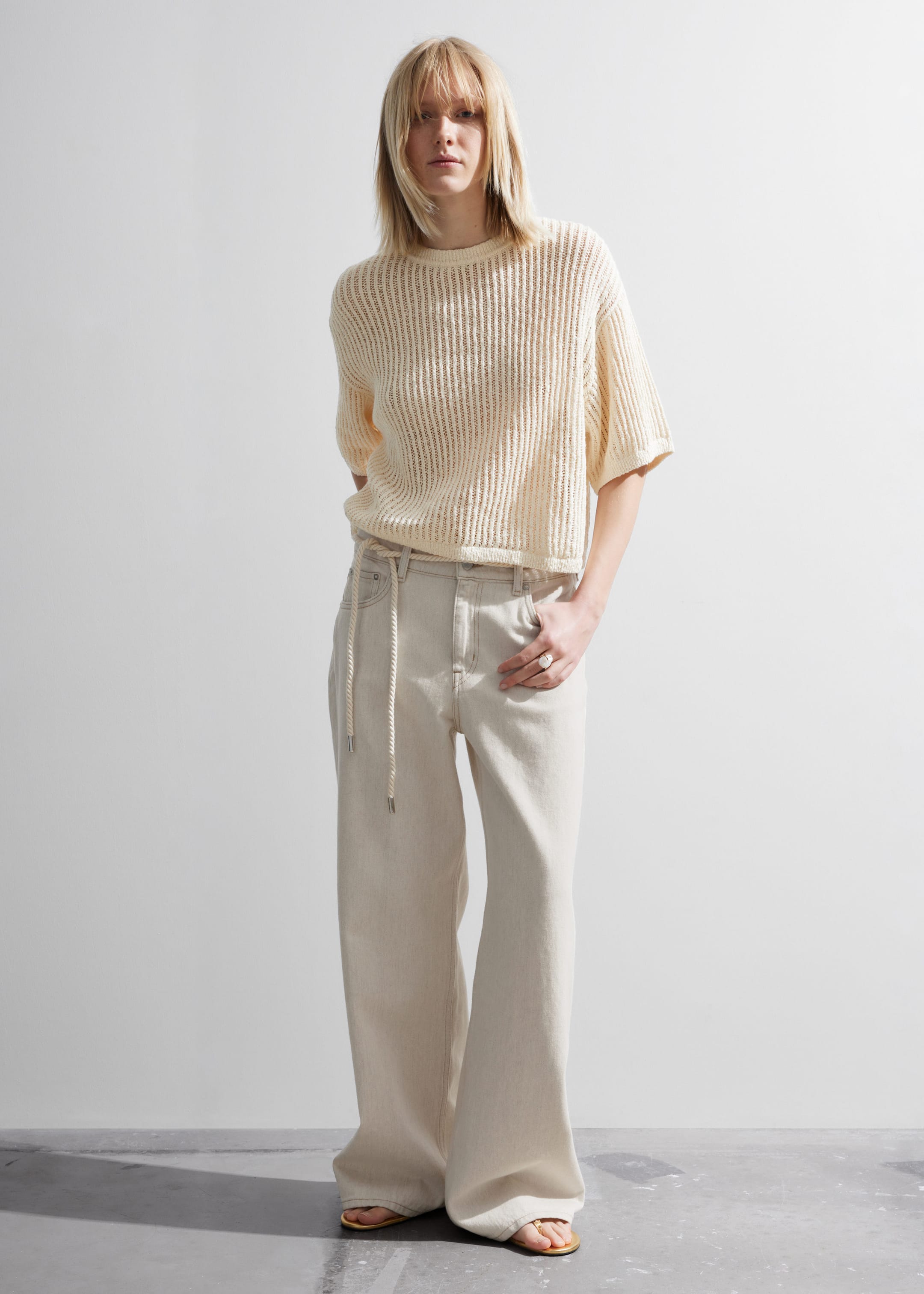 Sheer Rib-Knit T-Shirt - Cream - Lookbook