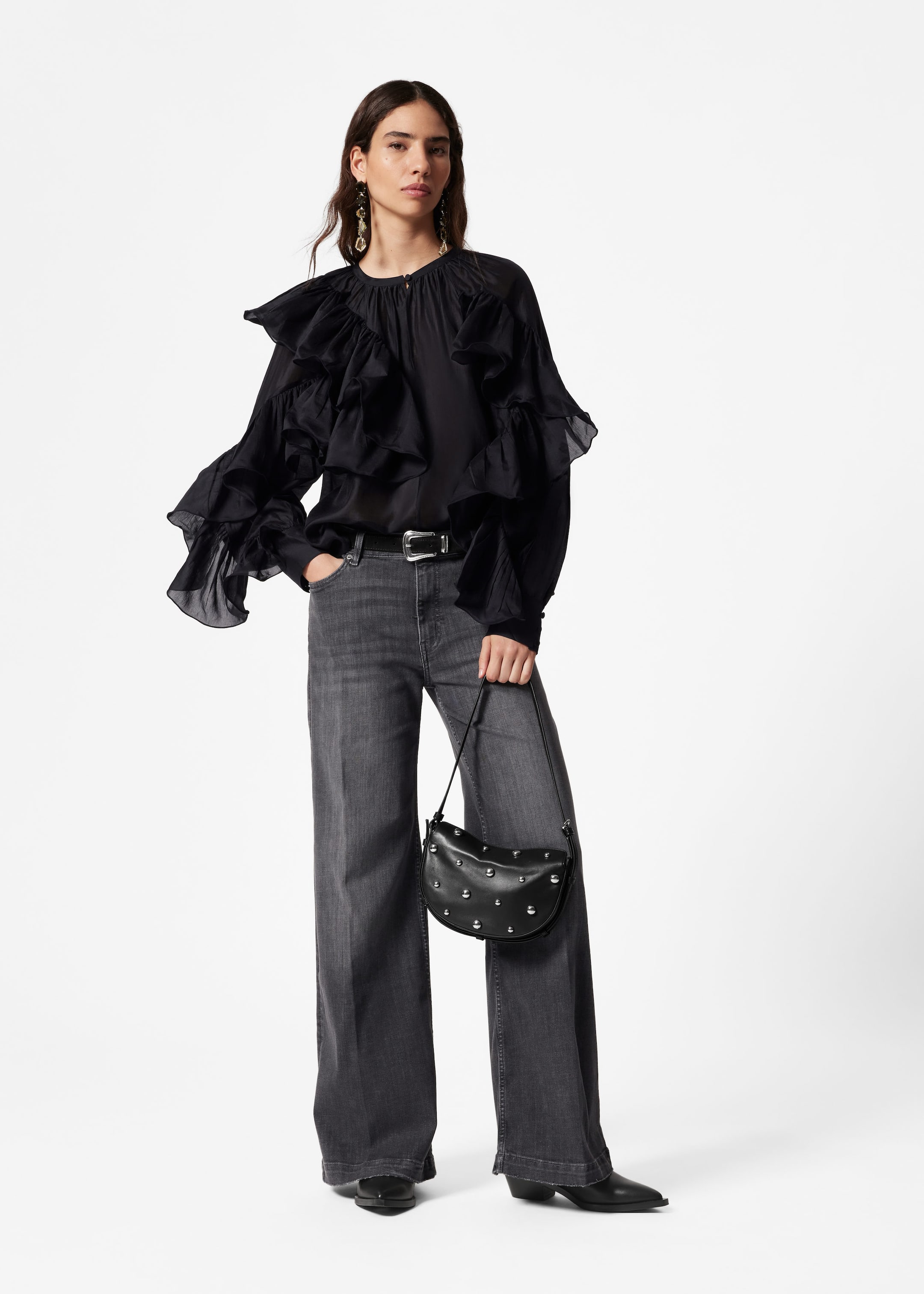 Asymmetric Ruffle Blouse - Black - Lookbook