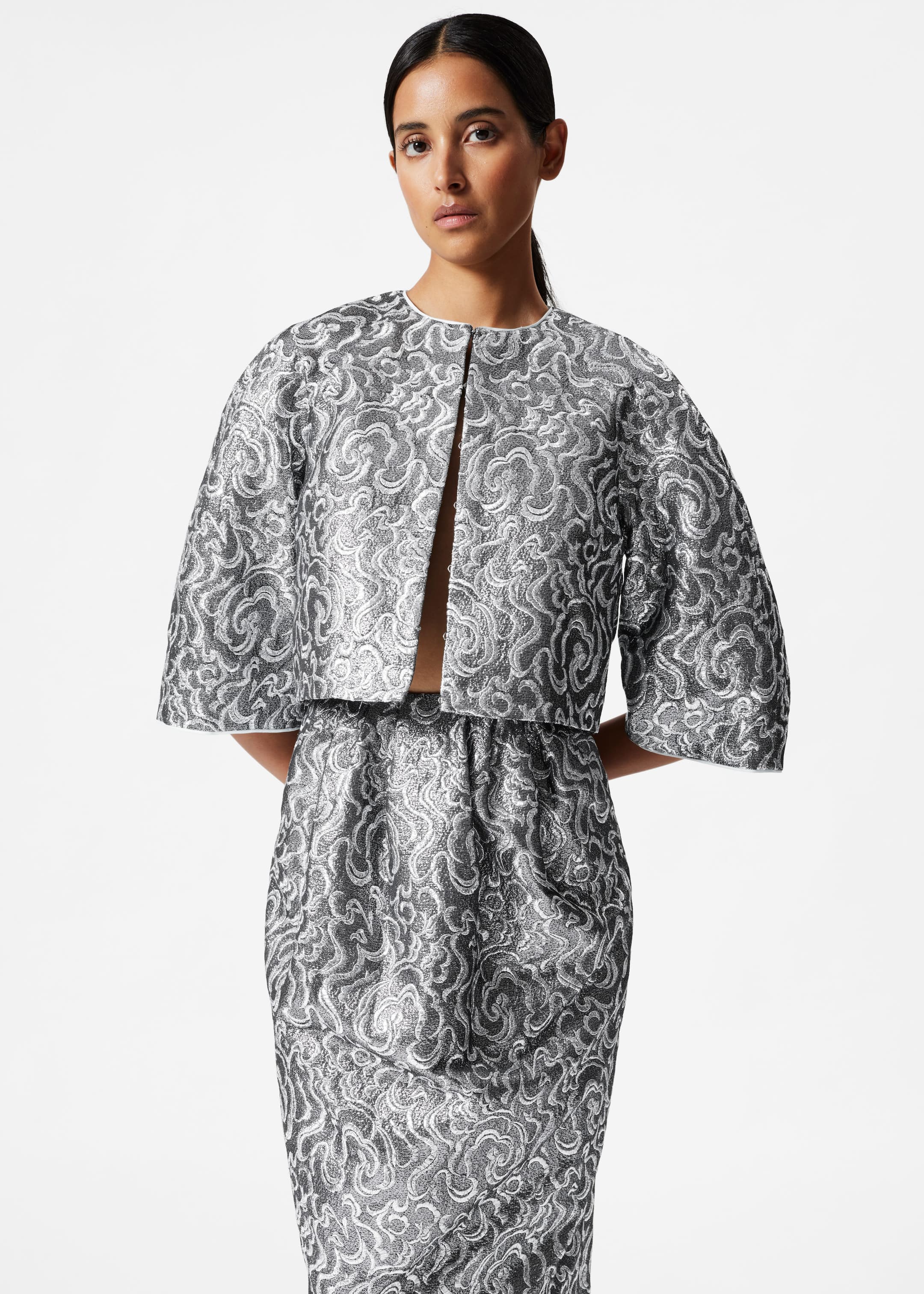 Image of Cropped Metallic Jacquard Jacket