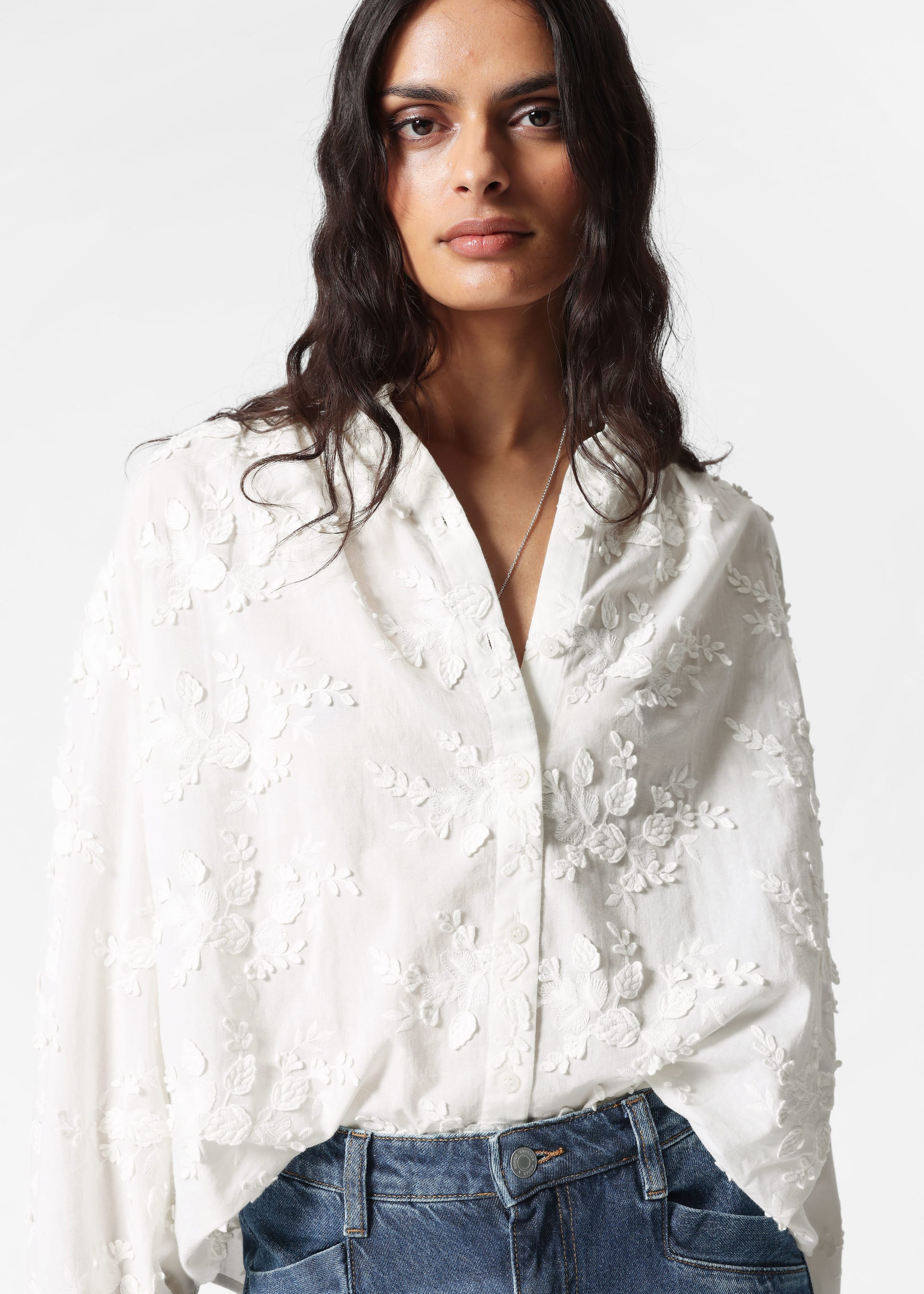 Image of Voluminous Floral-Appliqué Blouse