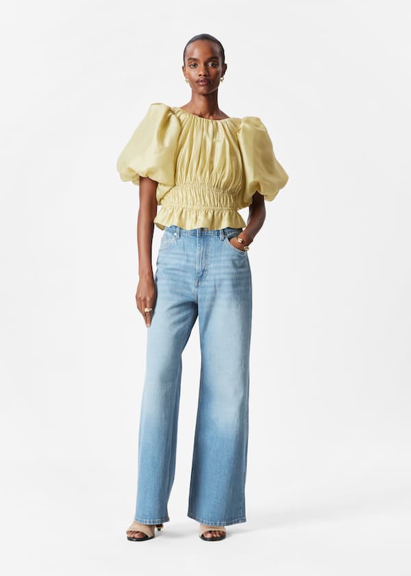 Ruched Balloon-Sleeve Blouse