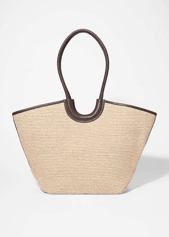 Leather-Detailed Straw Tote