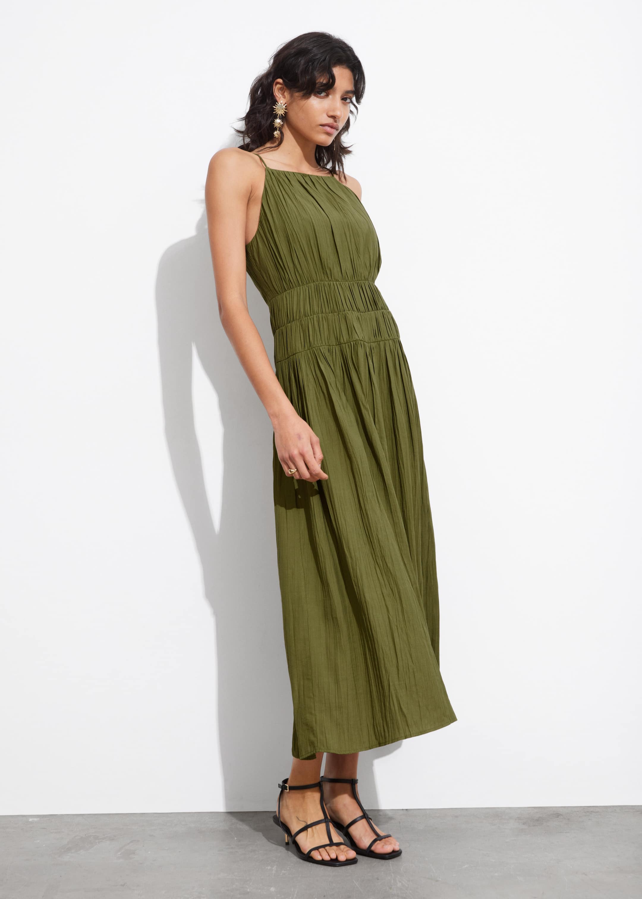 Shirred Sleeveless Midi Dress - Green - Lookbook