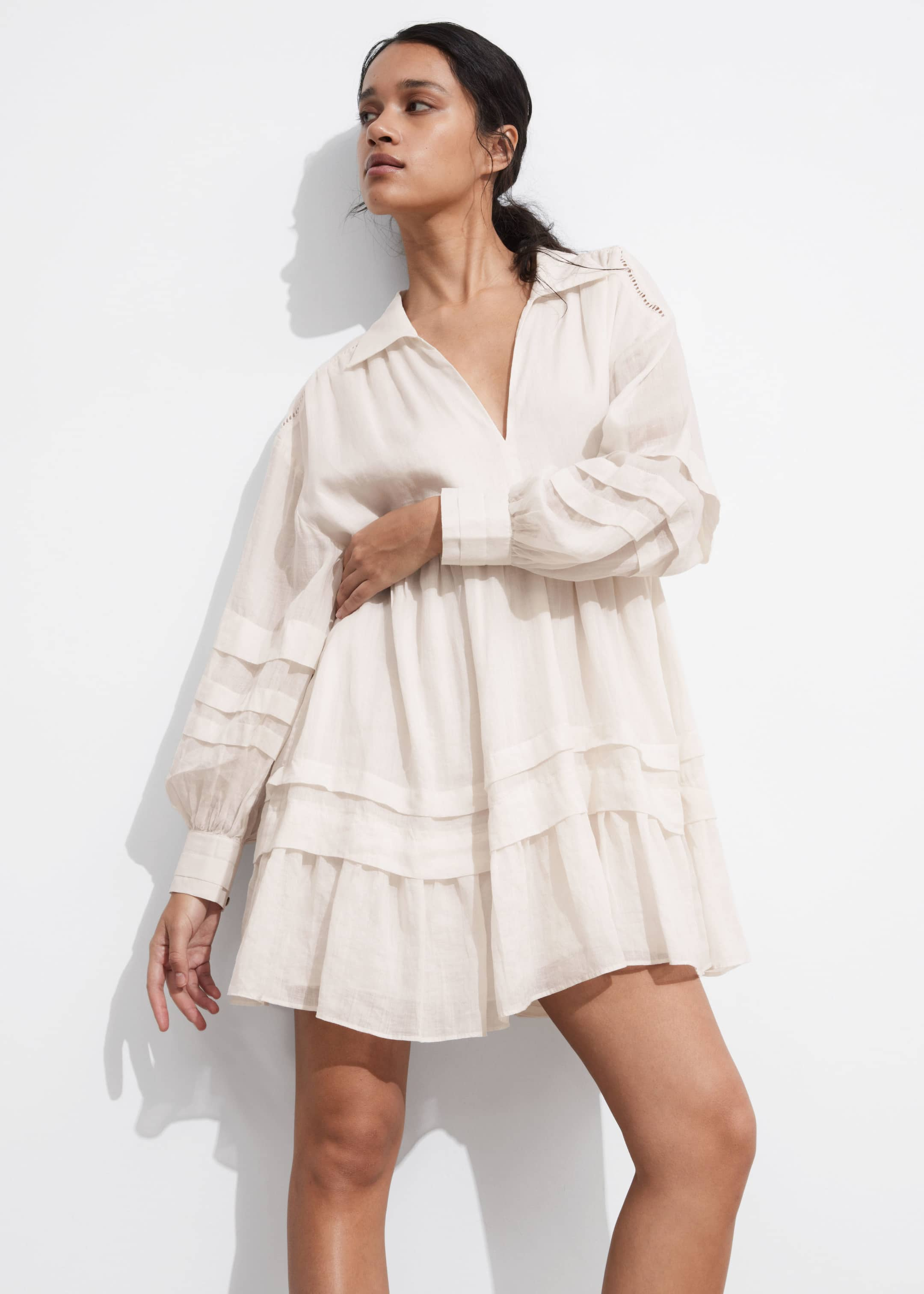 Relaxed Collared Mini Dress - Cream - Lookbook