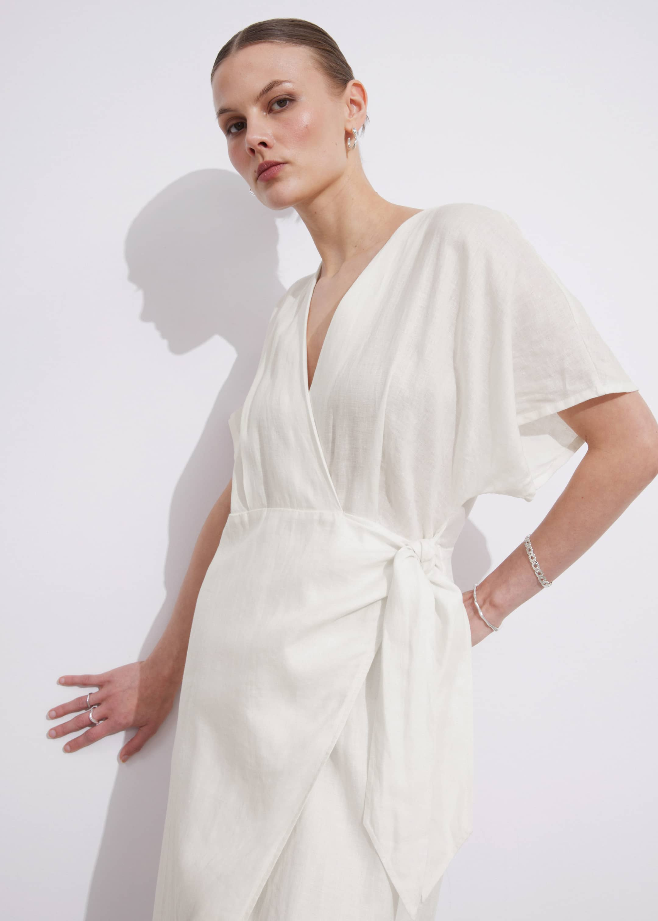 Linen Wrap Midi Dress - White - Lookbook