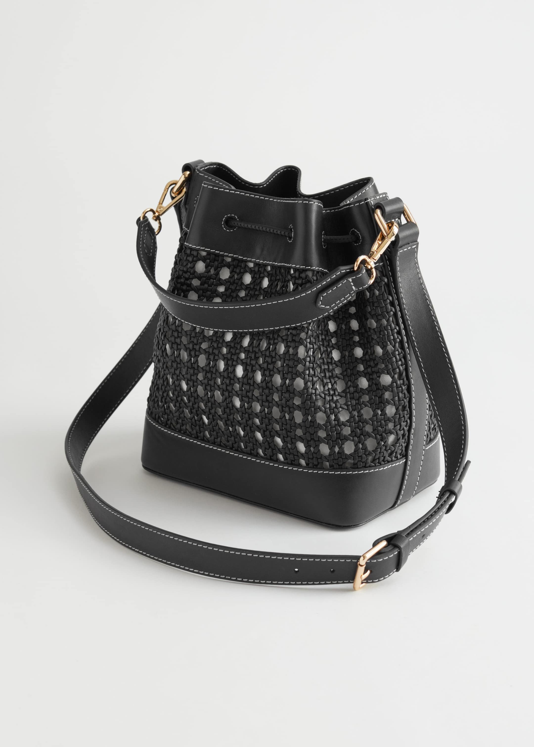 Braided Leather Bucket Bag - Black - Still Life