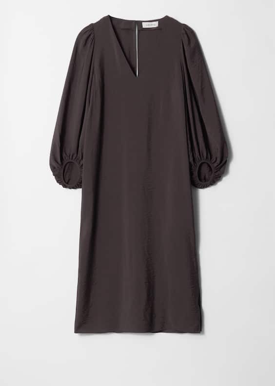 Puff-Sleeve V-Neck Midi Dress