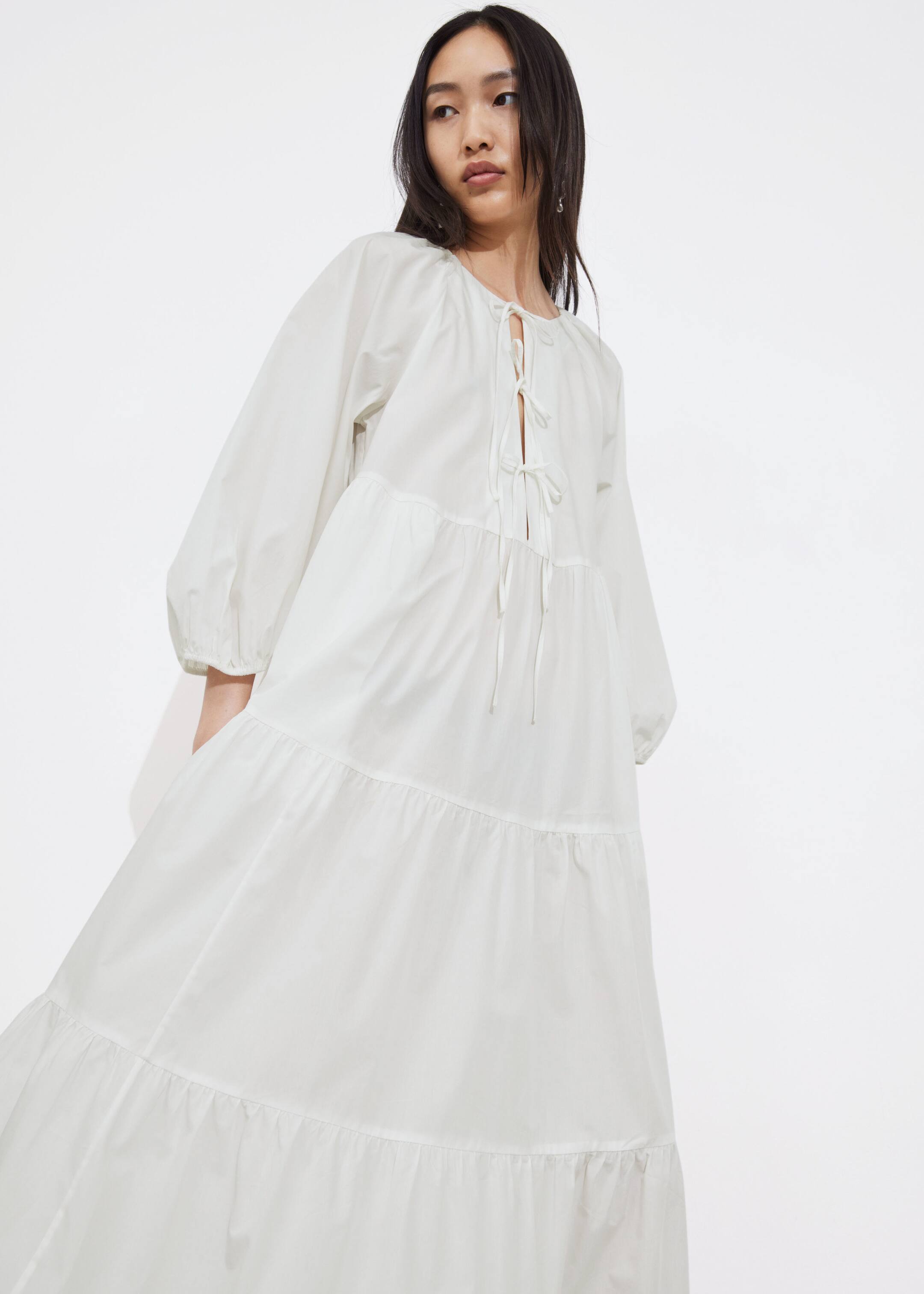 Tiered Tie-Detail Midi Dress - White - Lookbook