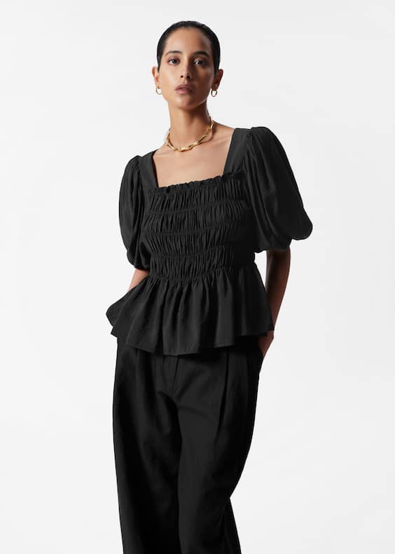 Smocked Puff-Sleeve Blouse