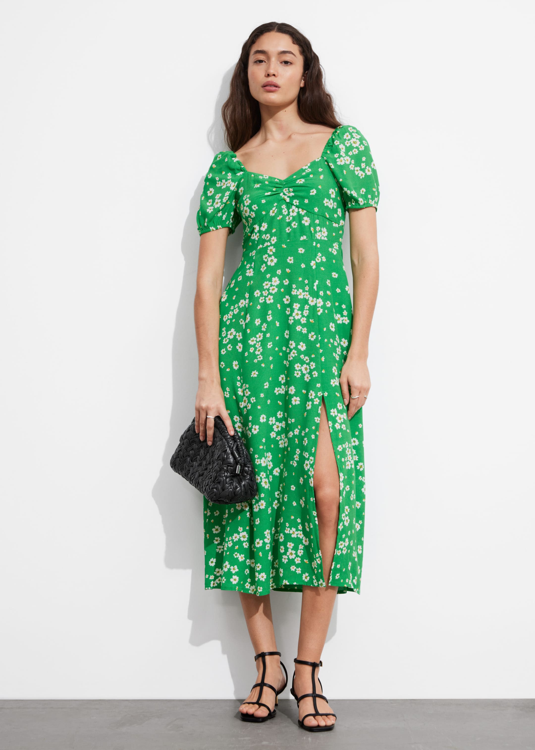 Flowy Puff Sleeve Midi Dress - Bright Green Floral Print - Lookbook