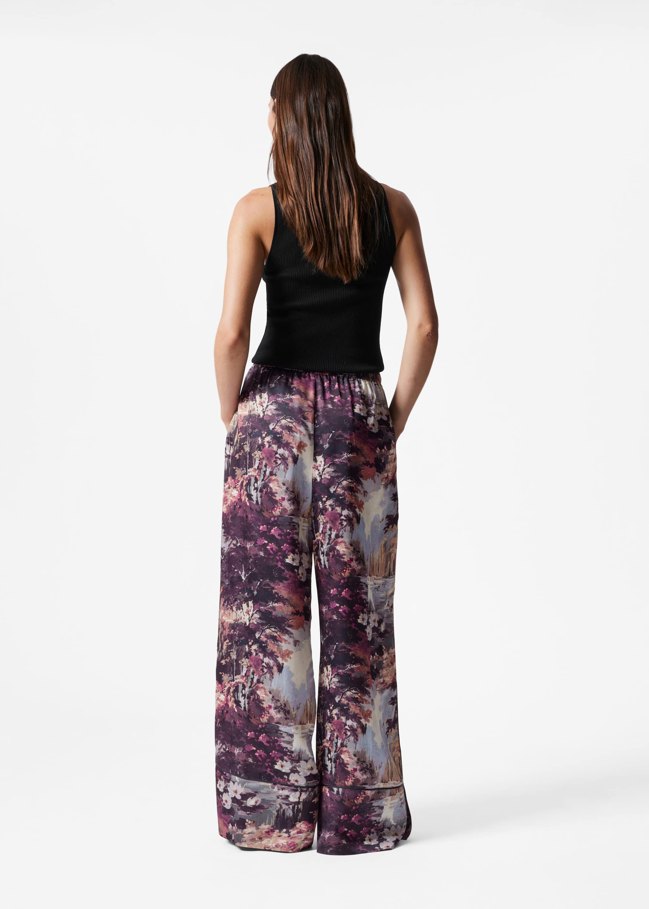 Pantalon de style pyjama à cordon de serrage - Motif fleuri violet - Lookbook