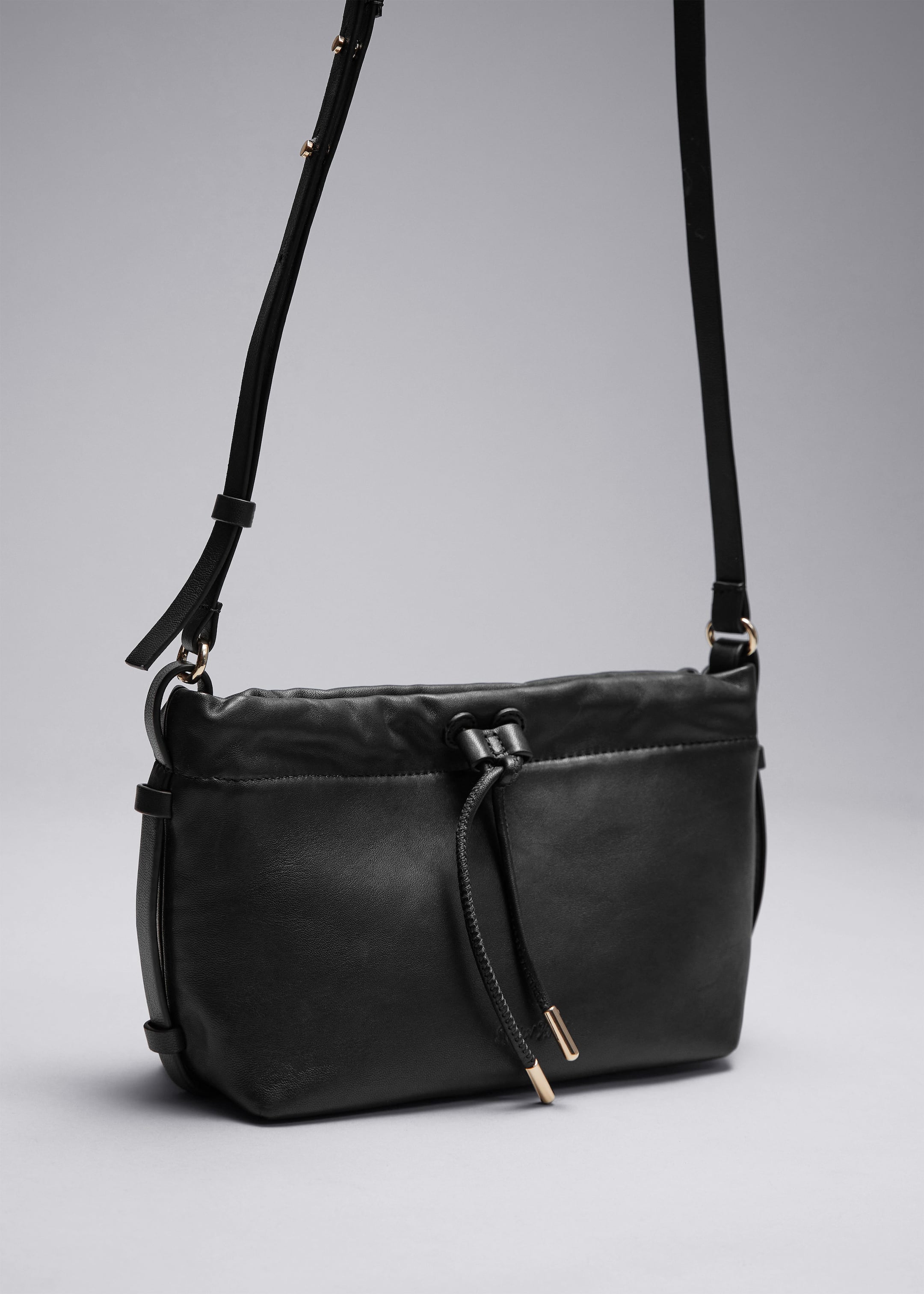 Small Leather Drawstring Tote - Black - Still Life