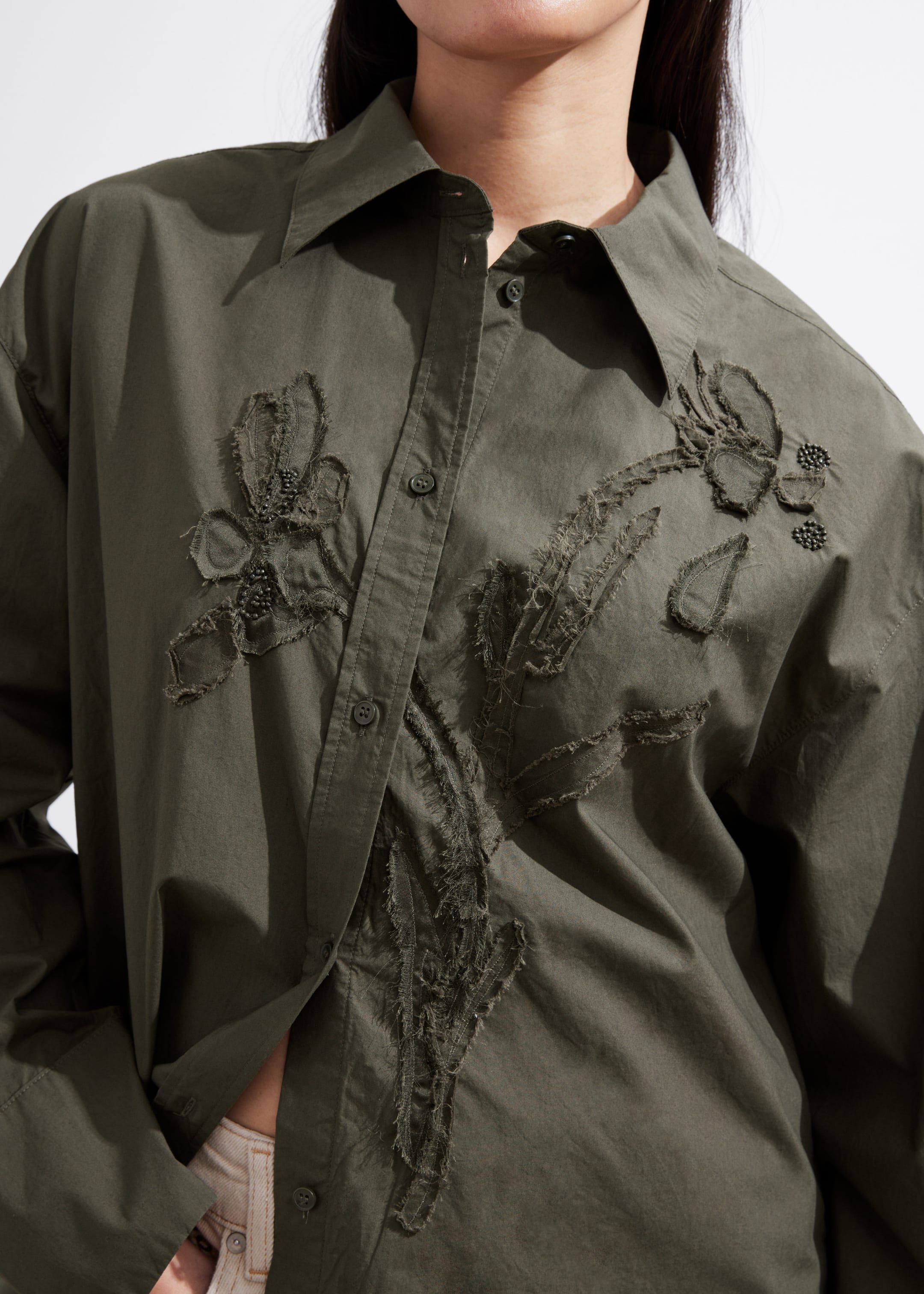 Floral-Embroidery Shirt - Khaki - Lookbook