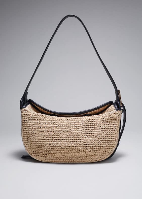 Leather-Trimmed Straw Shoulder Bag