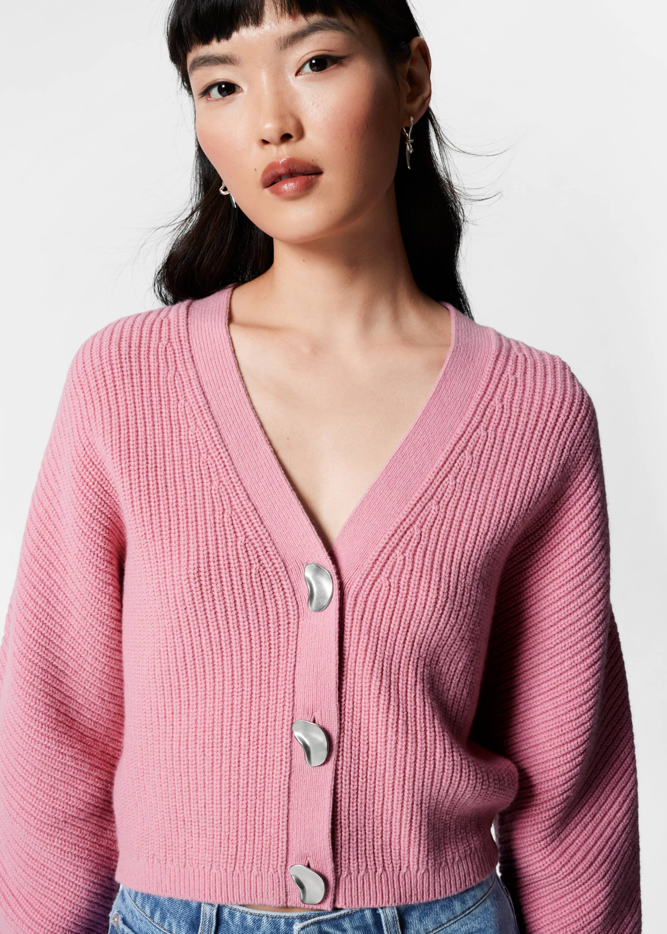 Metal Button Knit Cardigan - Pink - Lookbook