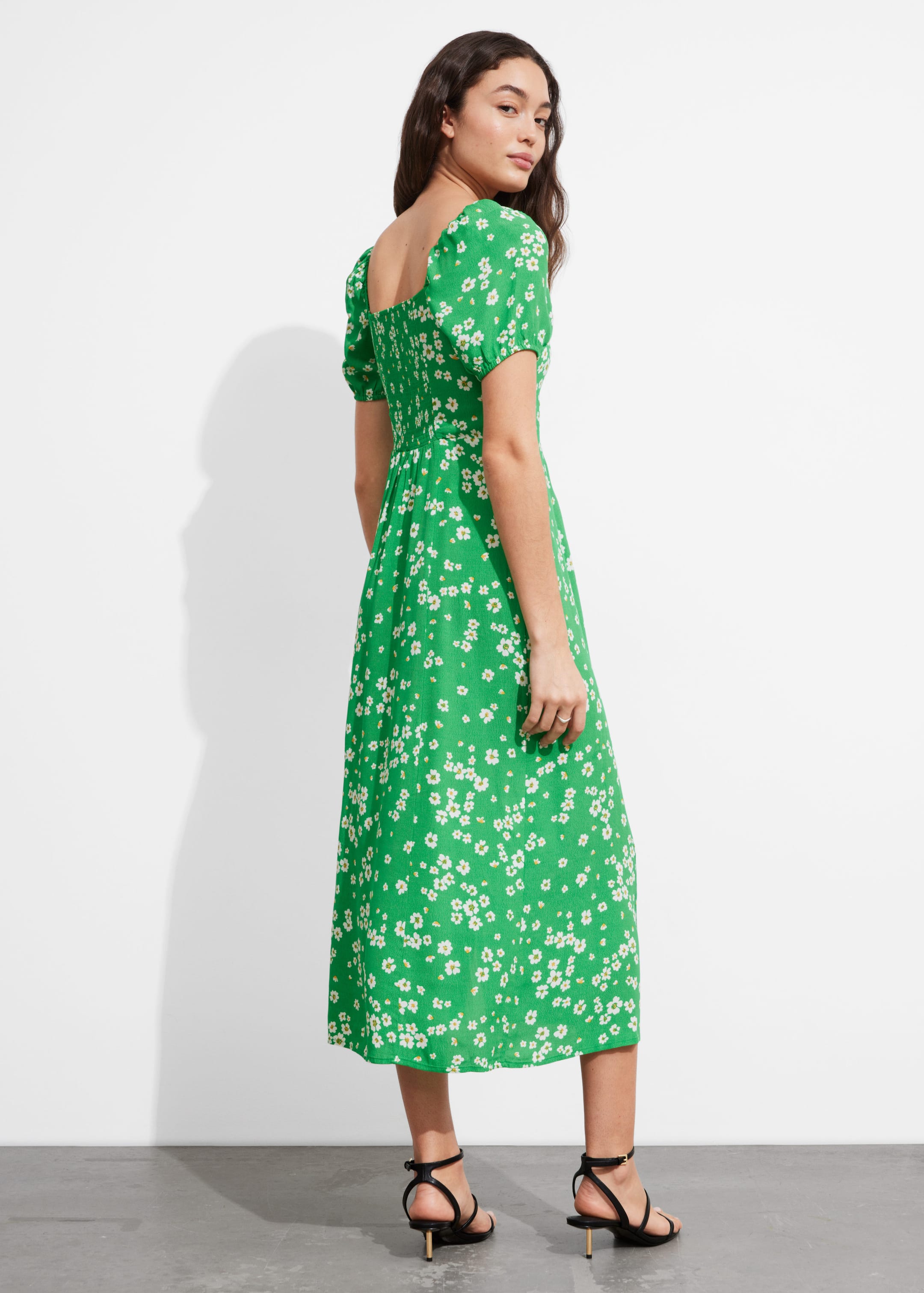 Flowy Puff Sleeve Midi Dress - Bright Green Floral Print - Lookbook