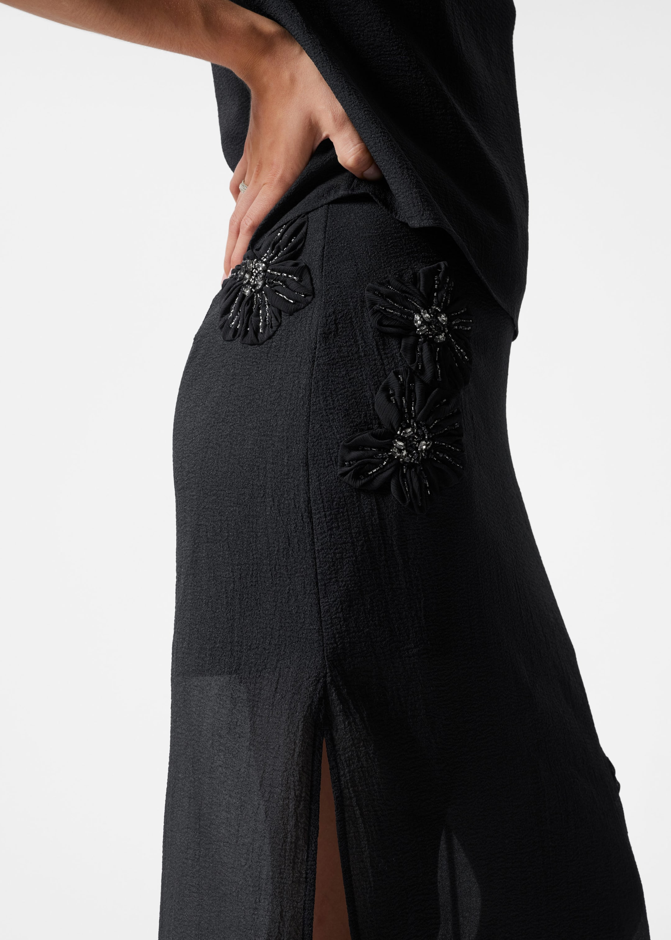 Embellished Sheer Midi Skirt - Black - Lookbook