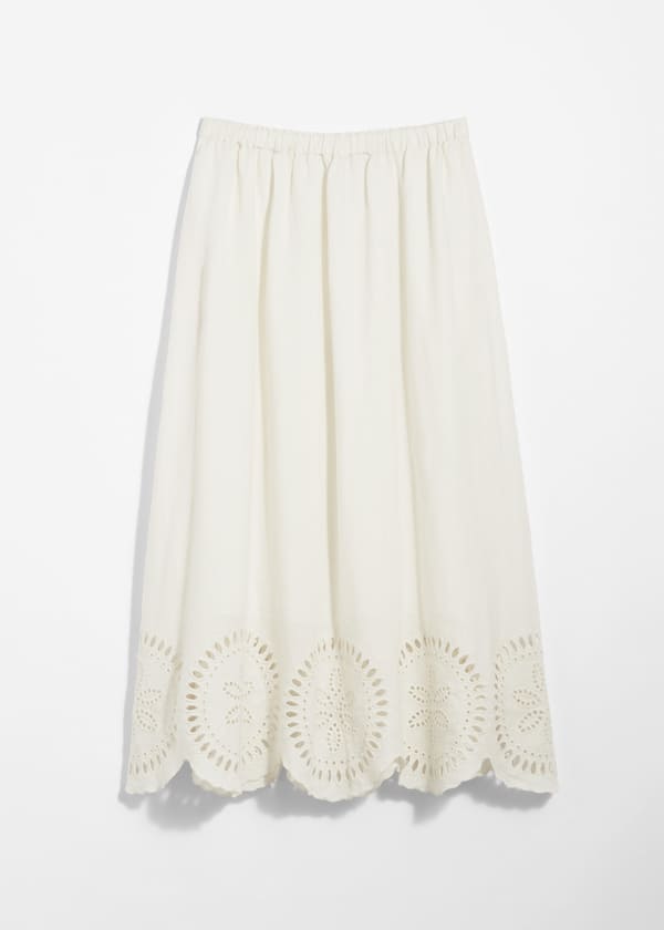 Embroidered Linen Midi Skirt