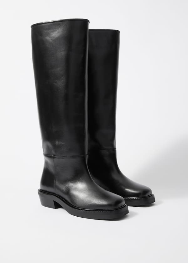 Square-Toe Leather Knee Boots