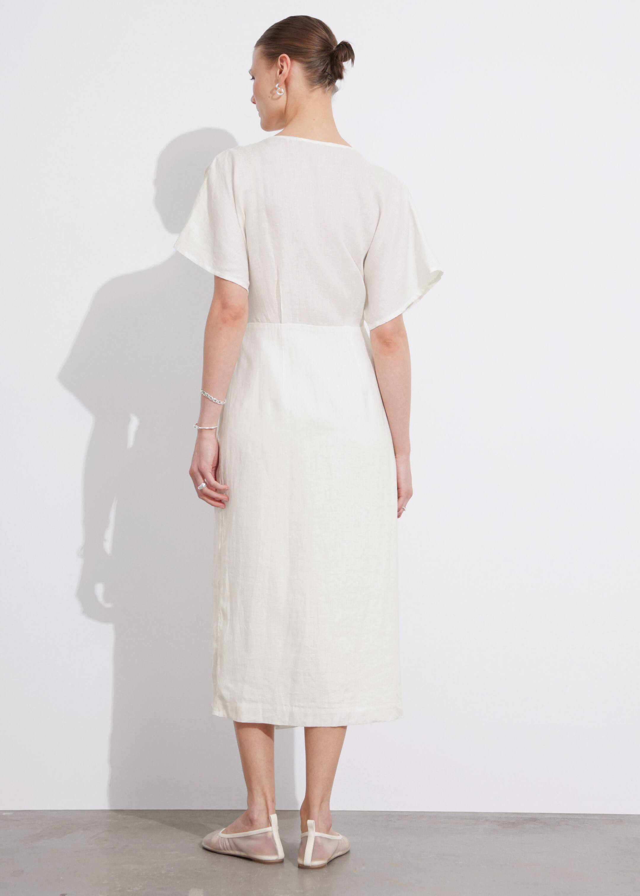 Linen Wrap Midi Dress - White - Lookbook