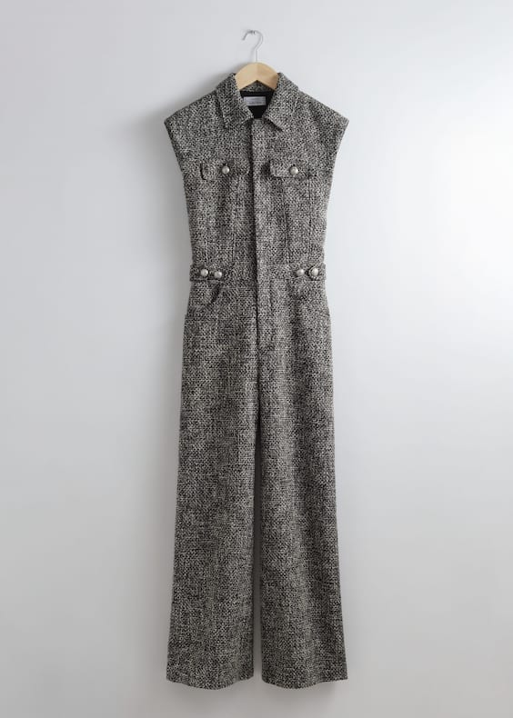Wide Sleeveless Tweed Jumpsuit