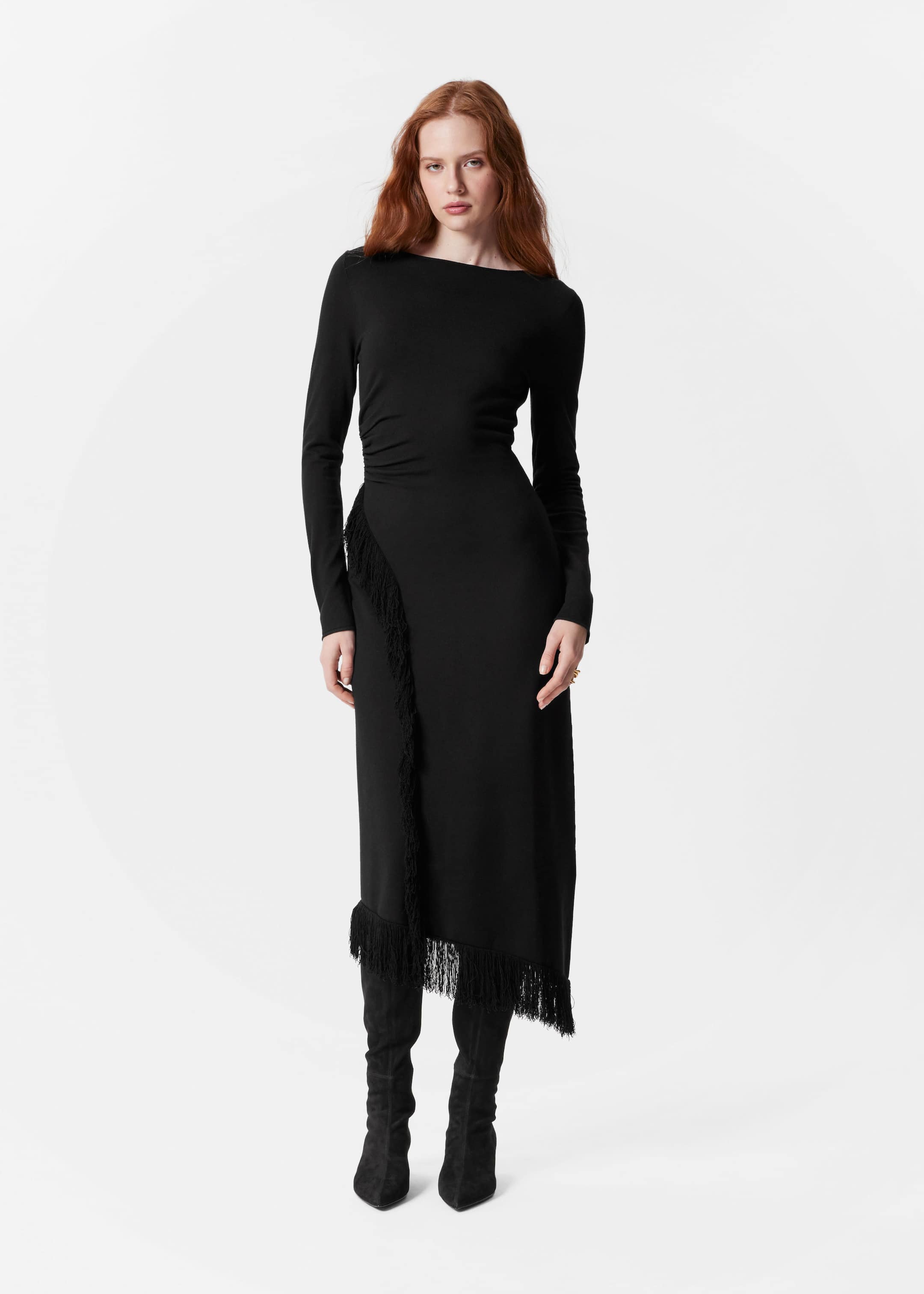 Image of Asymmetric Fringe Midi Dress