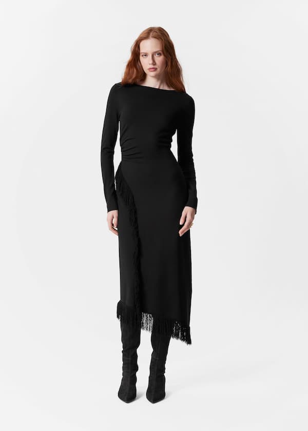 Asymmetric Fringe Midi Dress