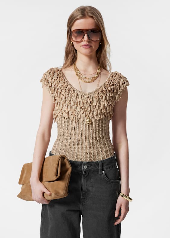 Fringed Rib-Knit Top