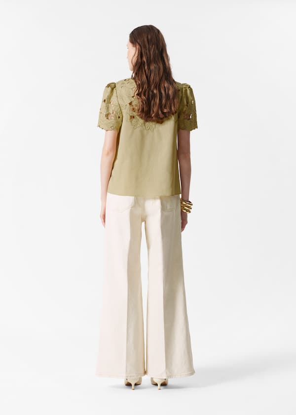 Short-Sleeve Floral-Embroidery Blouse