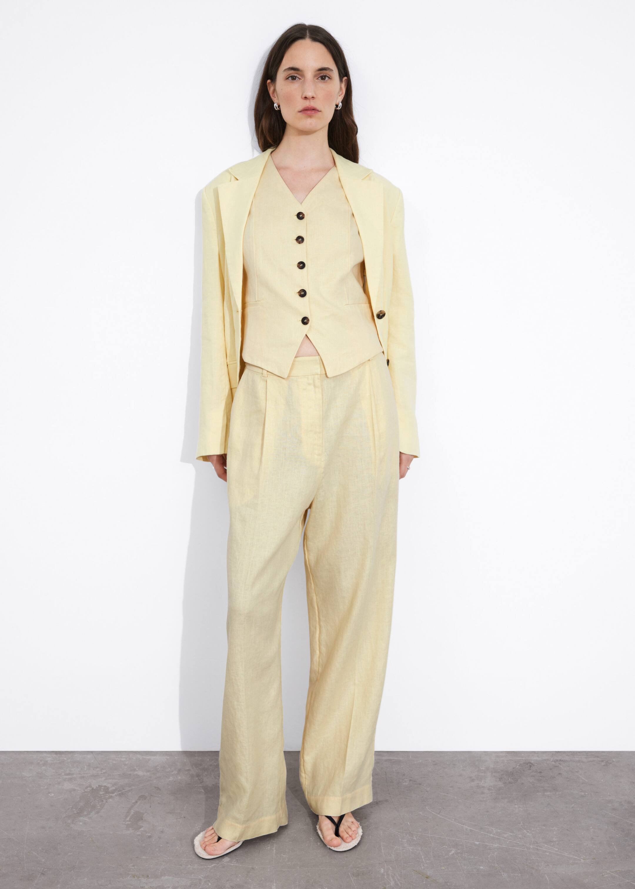 Wide Linen Trousers - Light Yellow - Lookbook