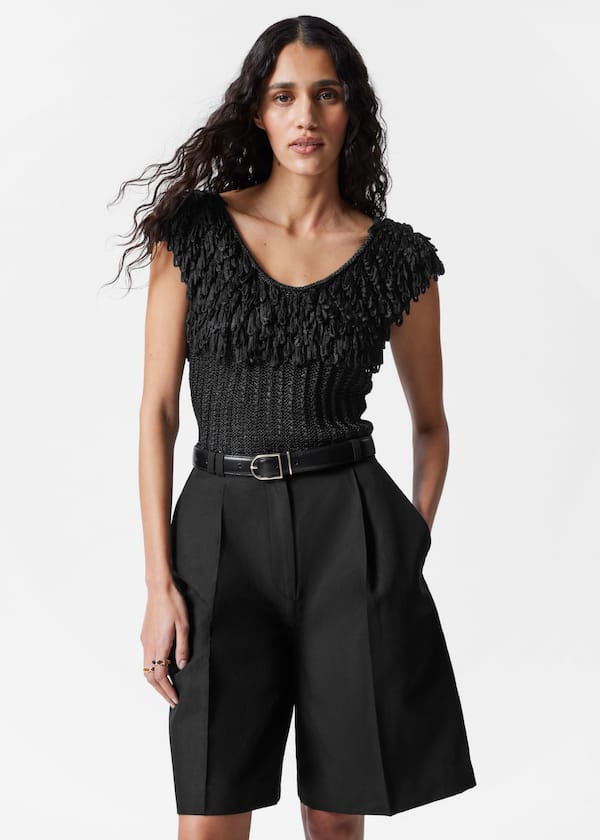 Fringed Rib-Knit Top