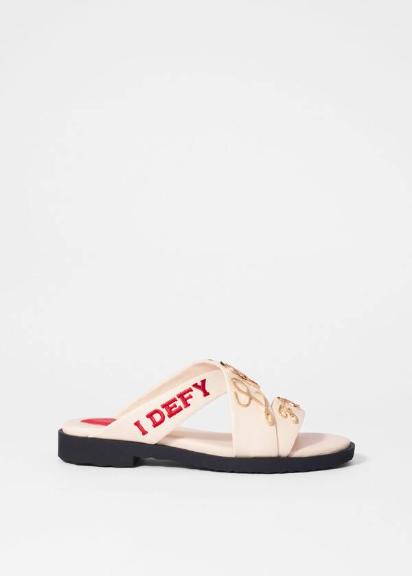 Text-Print Leather Sandals