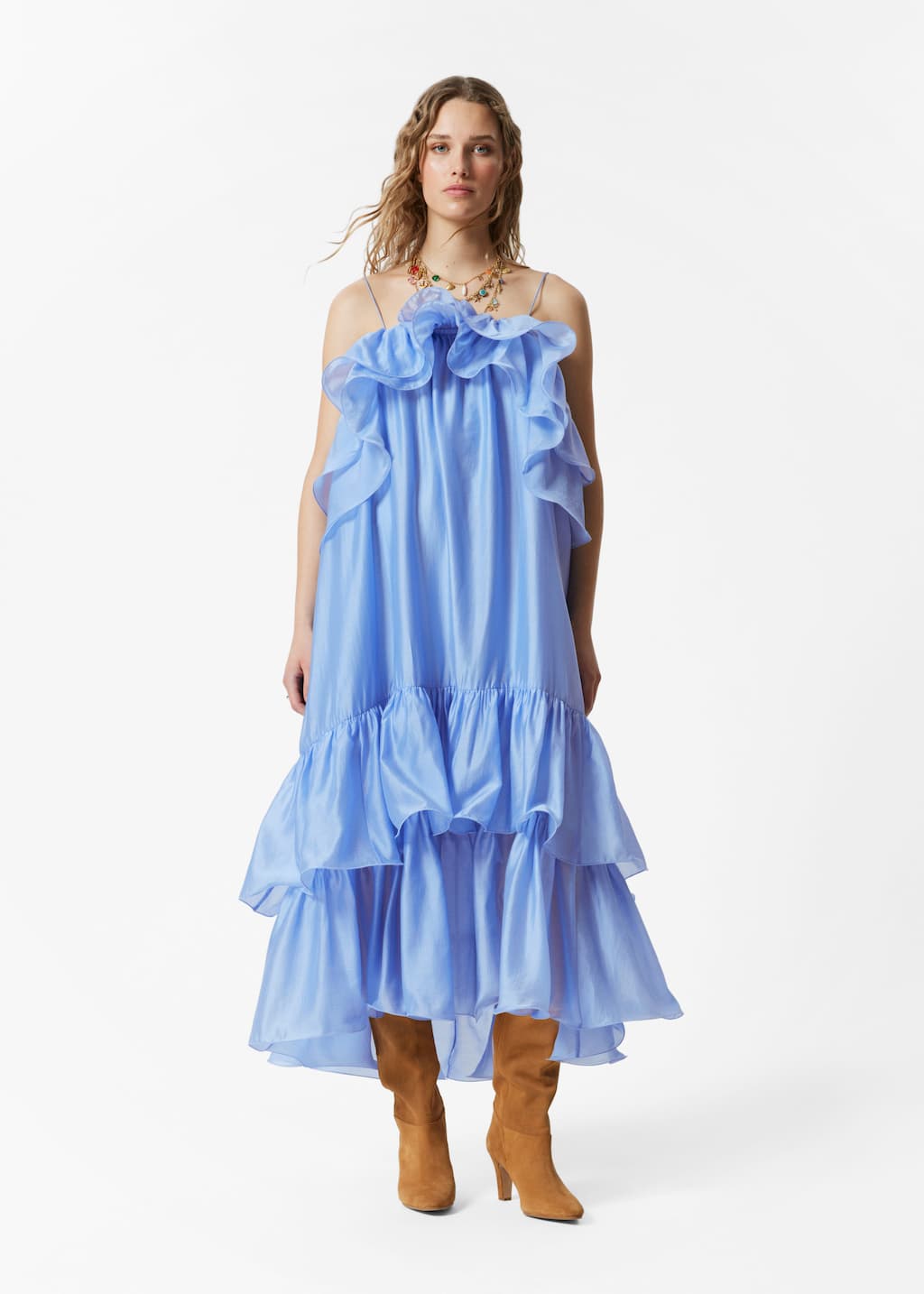 【Since Then】Blue Ruffle Suspender Asymmetry Resort Dress Off Shoulder Ruffle Midi Dress– ASTR the Label