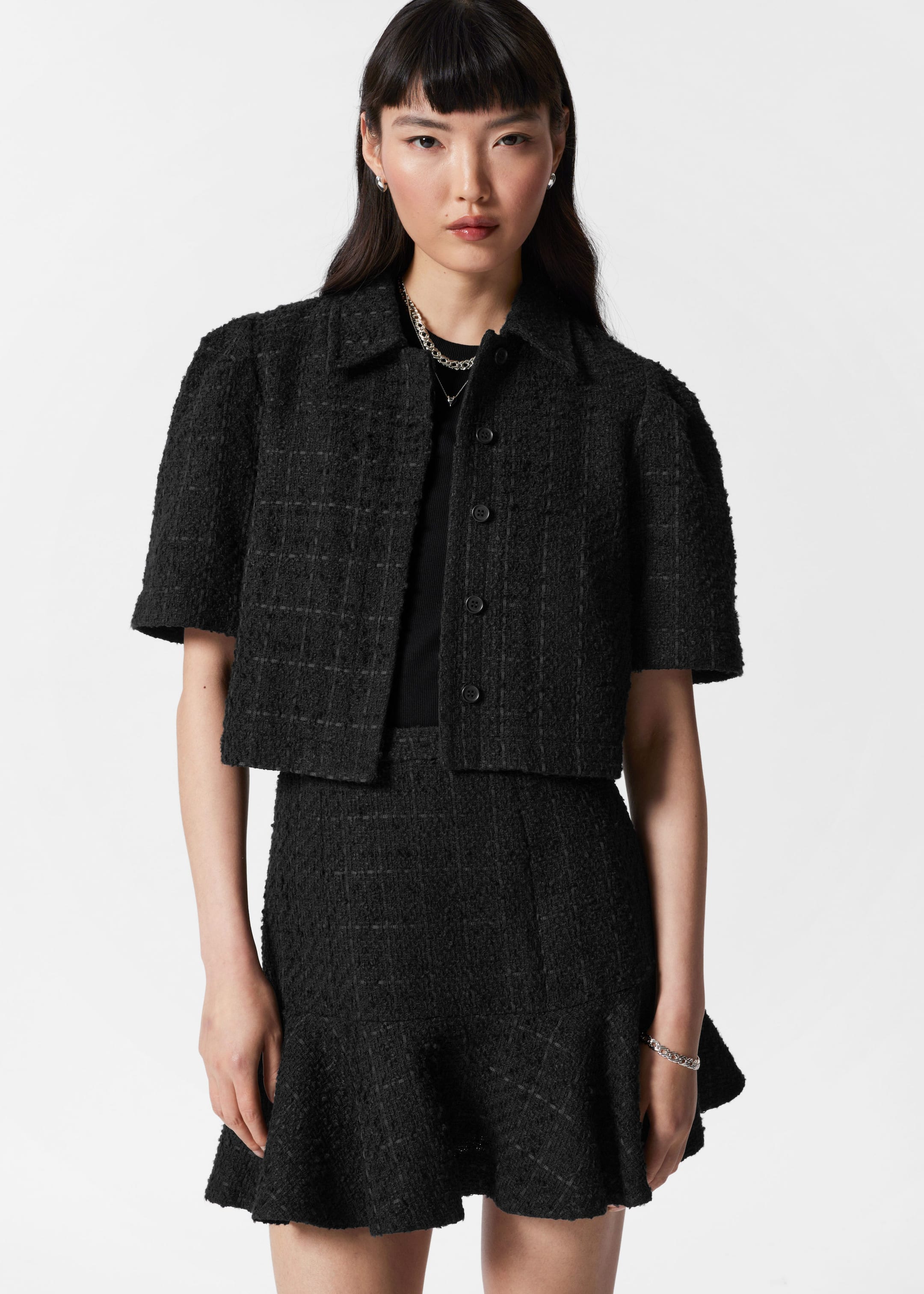 Ruffled Tweed Mini Skirt - Black Tweed - Lookbook