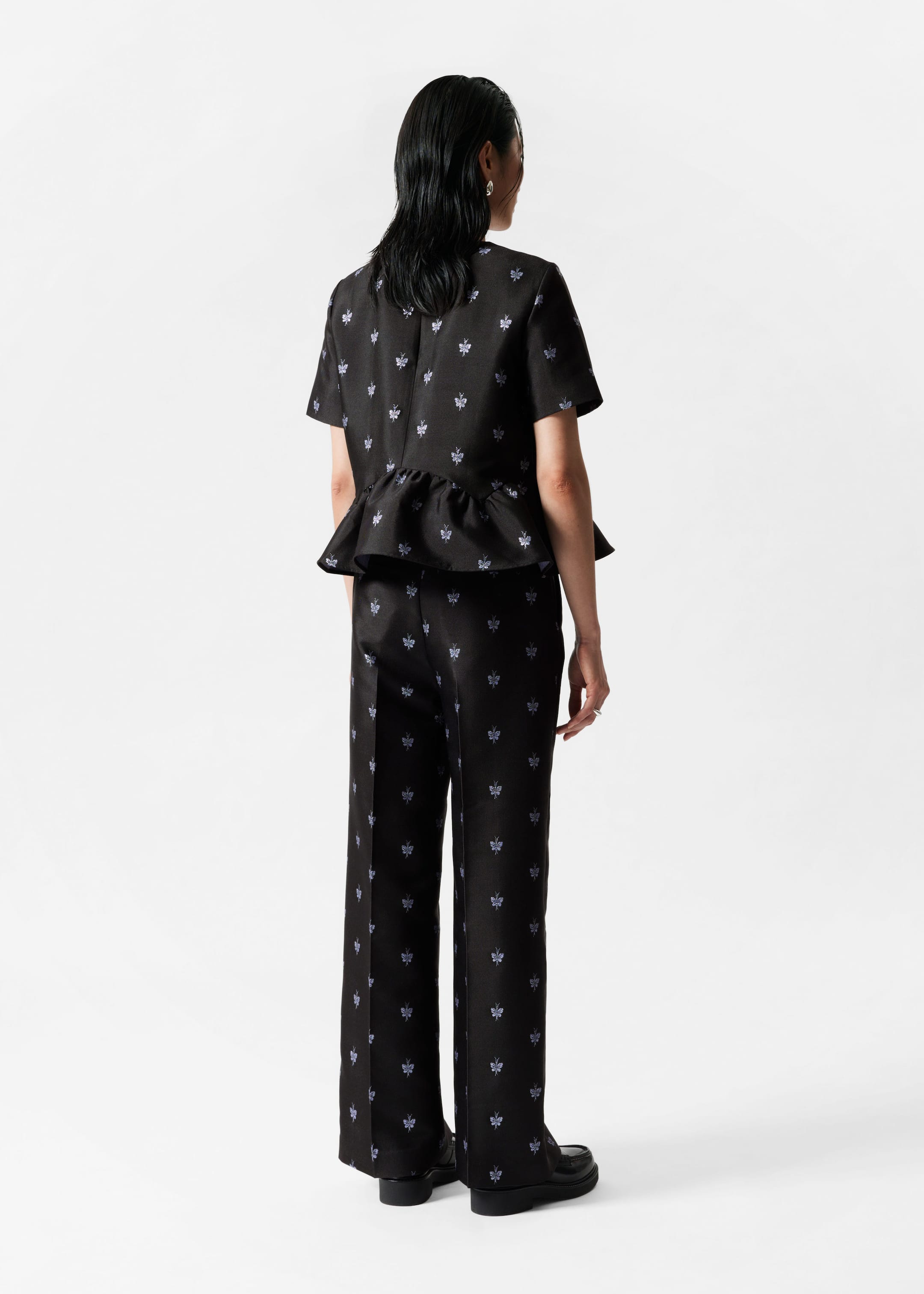 Wide Metallic-Jacquard Trousers - Black - Lookbook