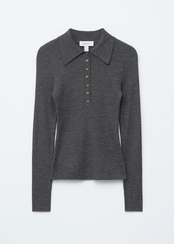 Long-Sleeve Merino Wool Polo Top