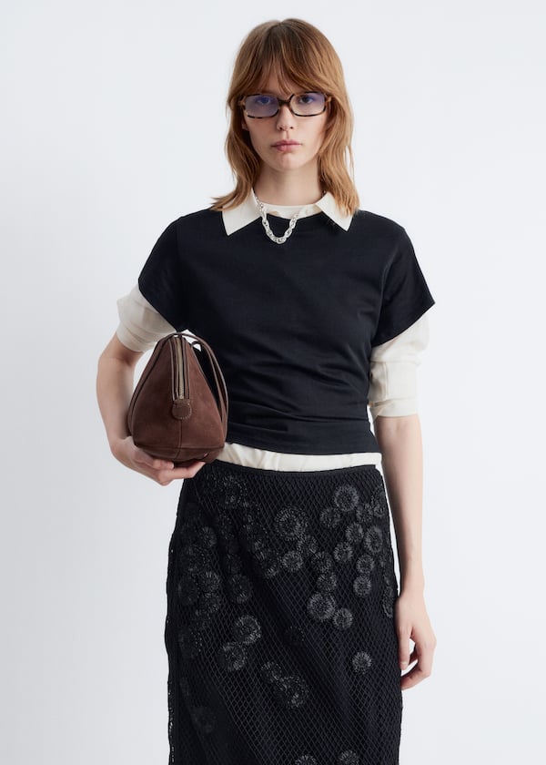 Floral-Appliqué Mesh Midi Skirt