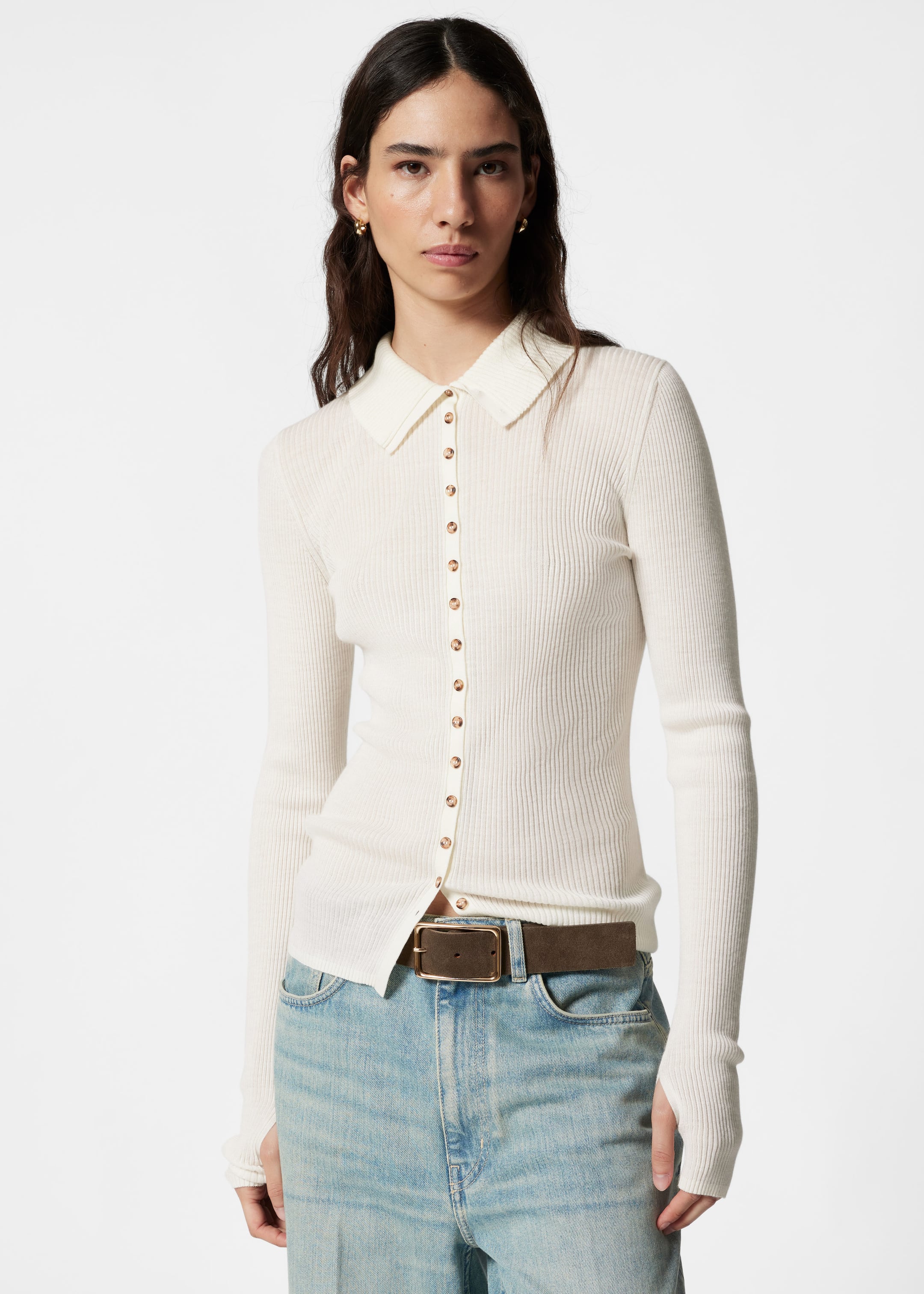 Ribbed Button-Detail Top - Cream - Lookbook