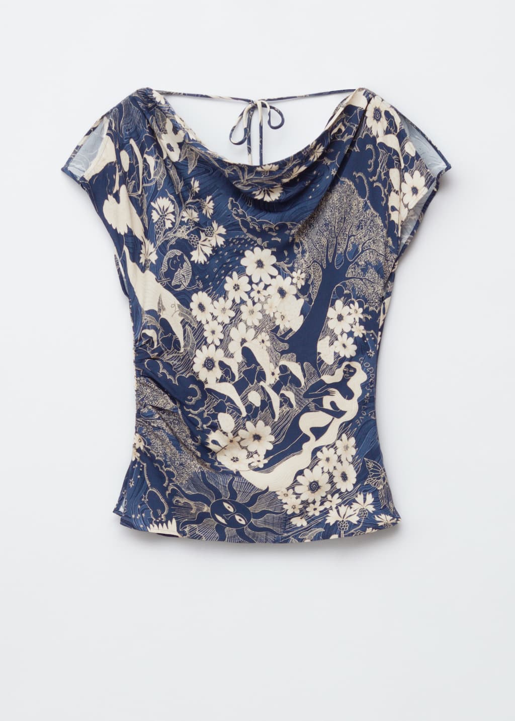 Draped Cowl-Neck Top - Dark Blue/Beige Pattern - Tanktops