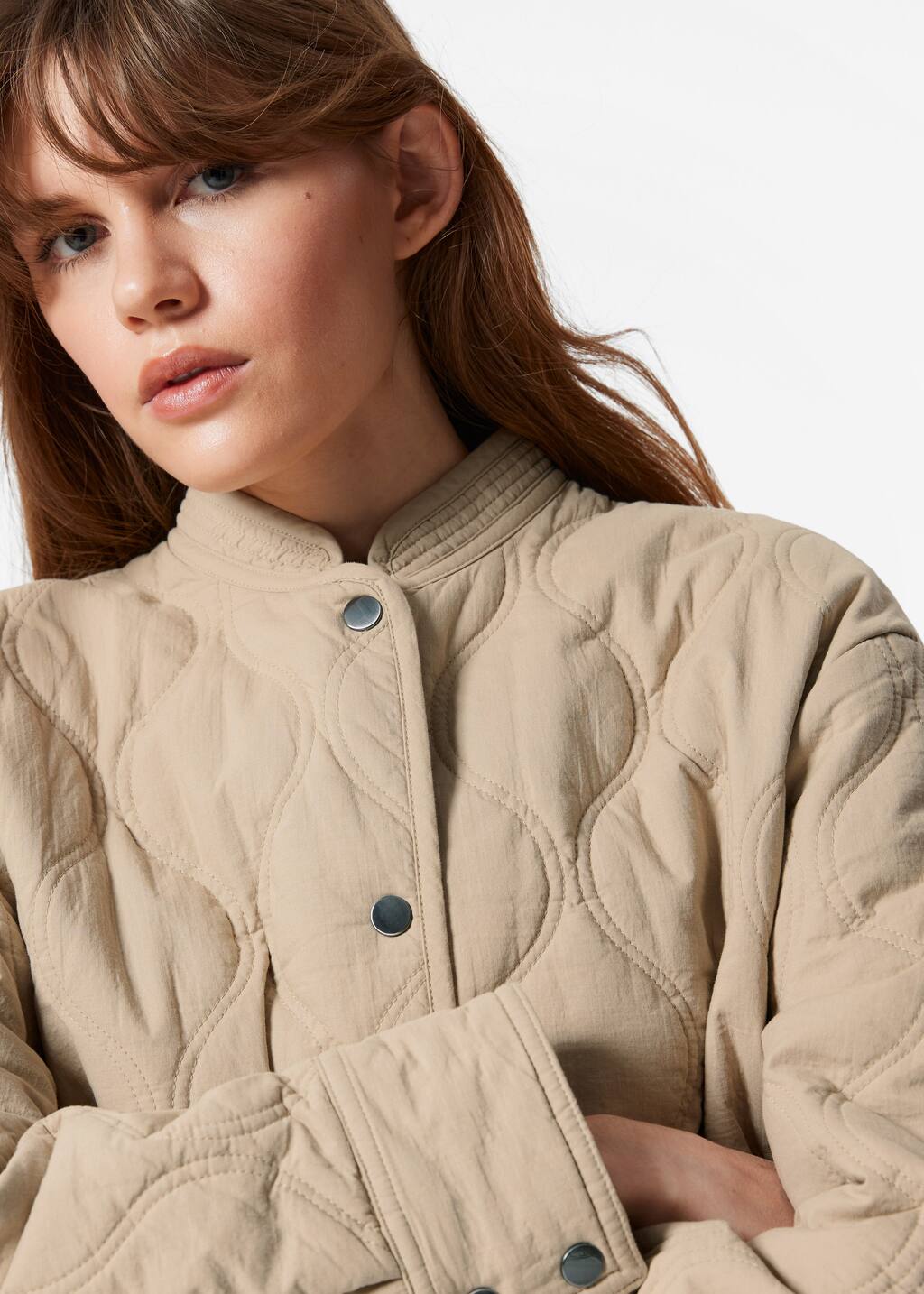 Quilted Stand-Collar Jacket - Beige paisley pattern