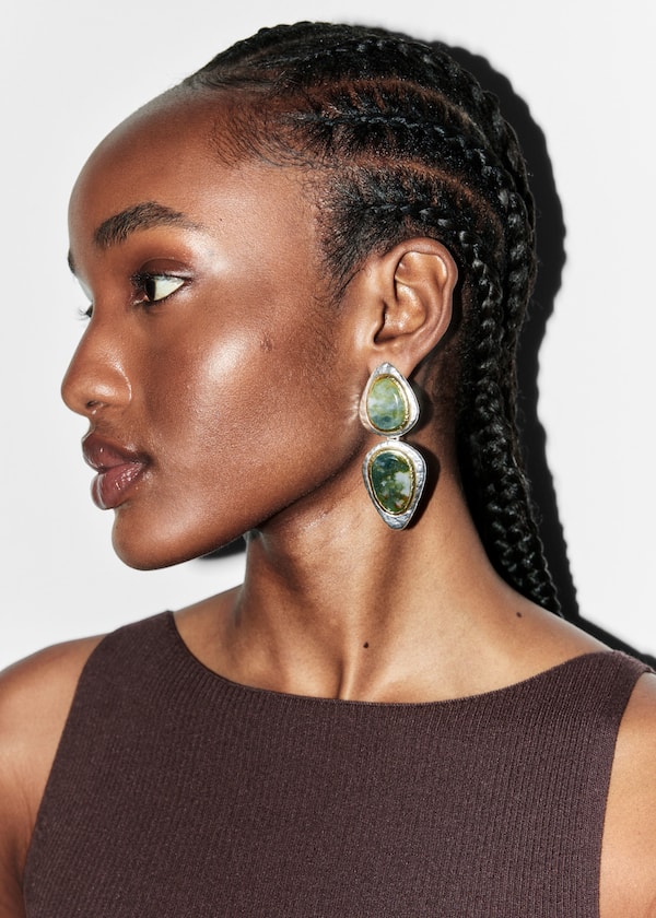 Two-Toned Stone Pendant Earrings