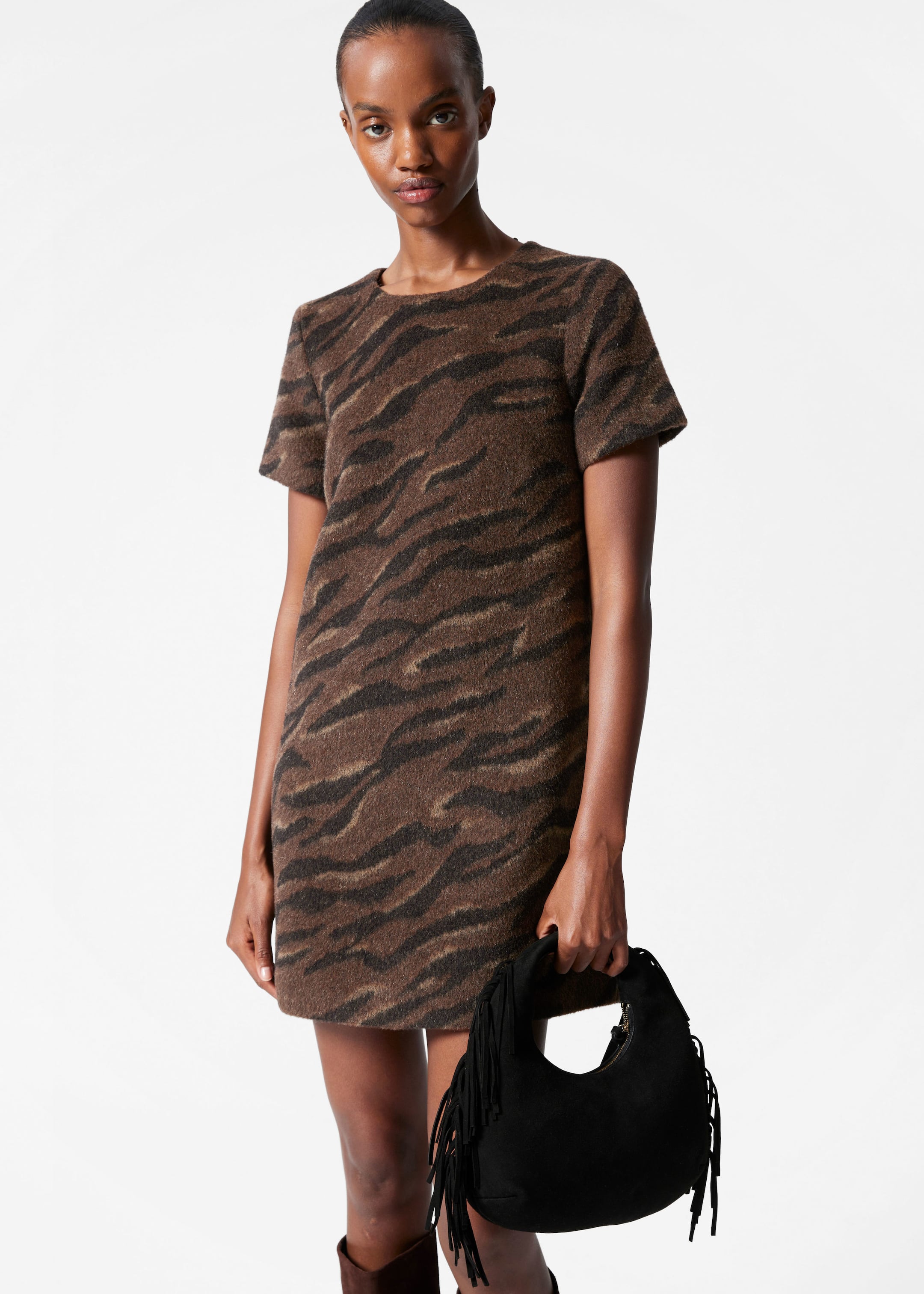 Wool Jacquard Mini Dress - Brown - Lookbook