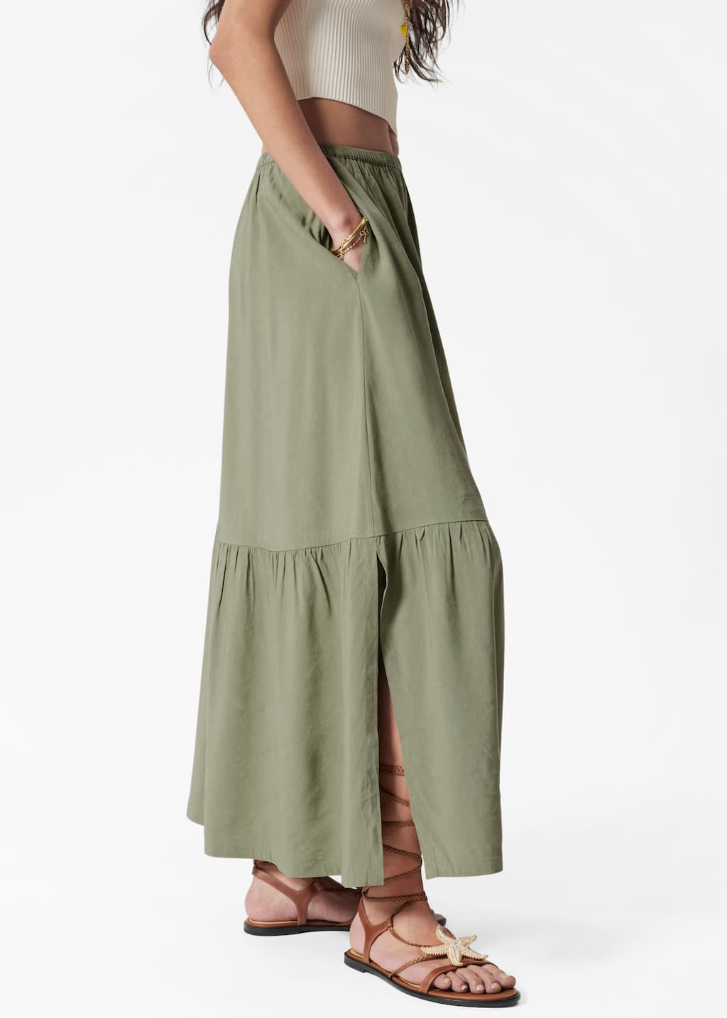 50s-60s green×white tiered skirt ティアードスカ Tiered Midi Skirt - Khaki Green - Midi skirts - & Other Stories